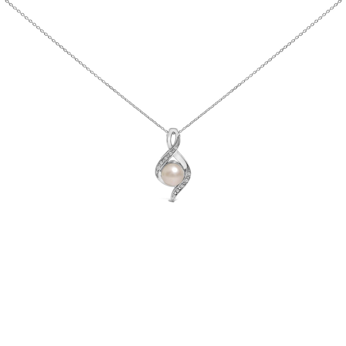 Sterling Silver 7mm Cultured Pearl and Diamond Accent Swirl Pendant Necklace