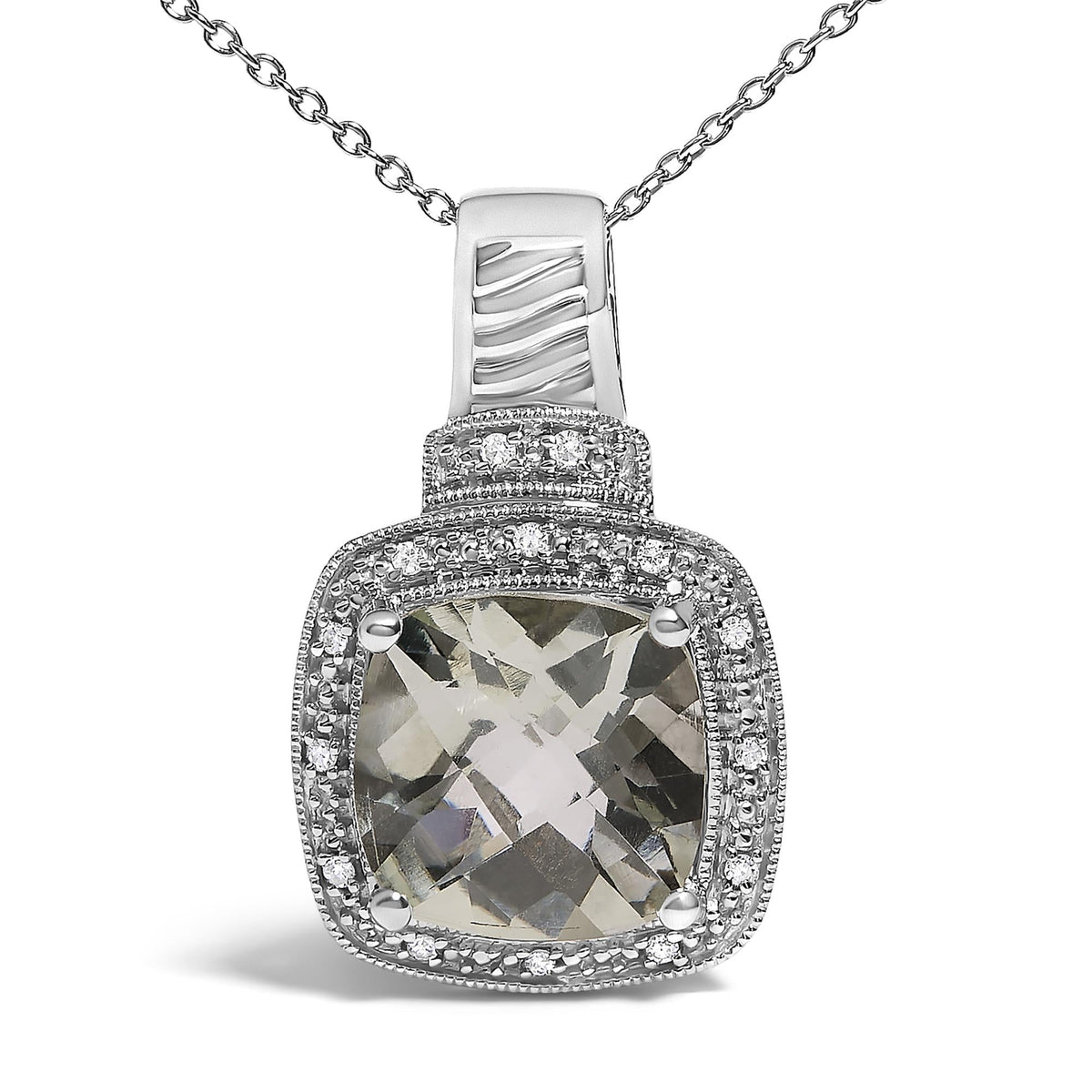Sterling Silver Cushion Gray Green Amethyst and Diamond Accent Halo Pendant Necklace