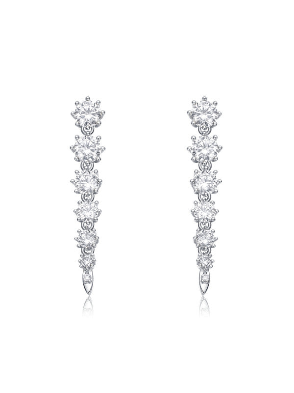 Sterling Silver With Clear Cubic Zirconia Linear Fringe Icicle Earrings