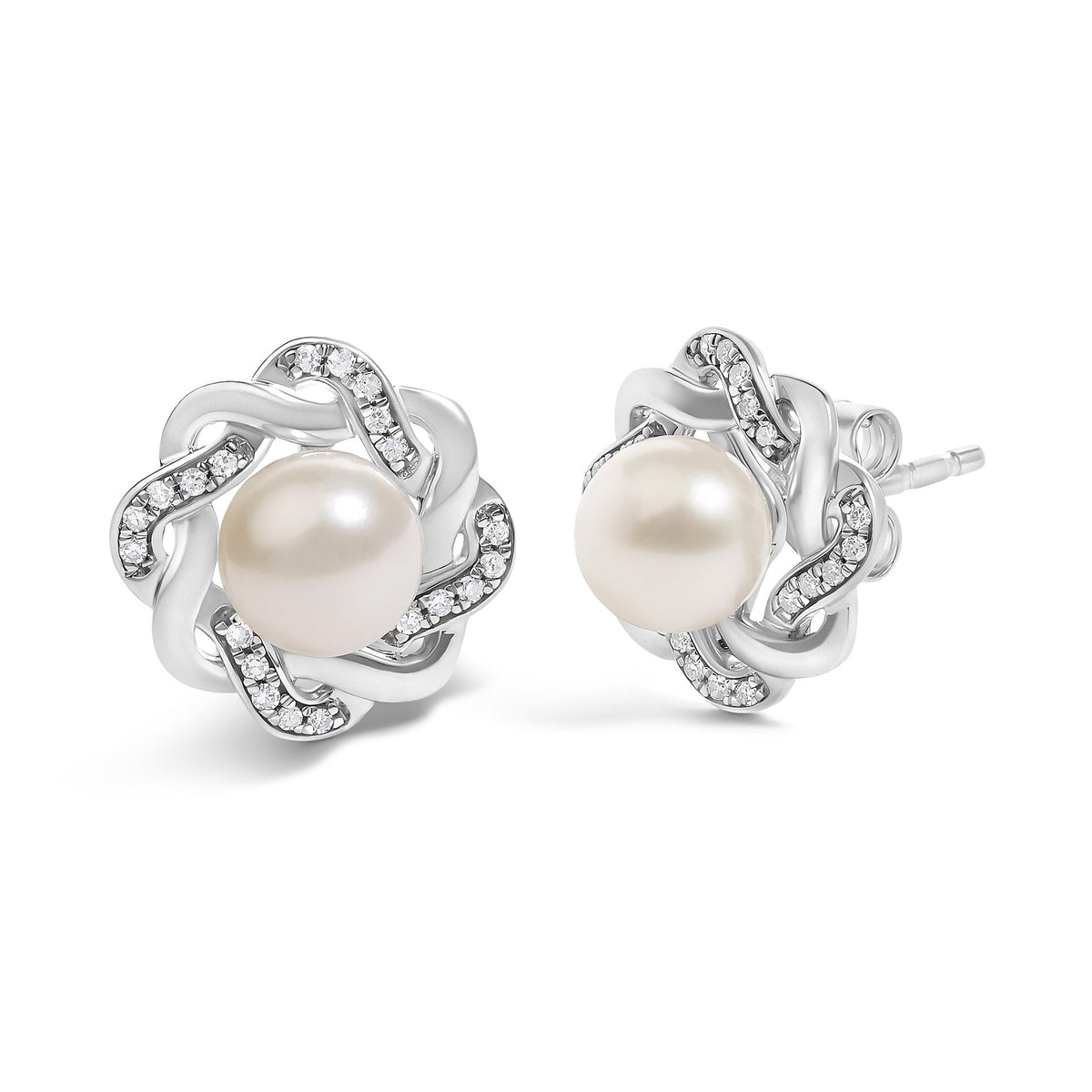 Sterling Silver Pearl and 1/10 Cttw Diamond Floral Twist Stud Earrings
