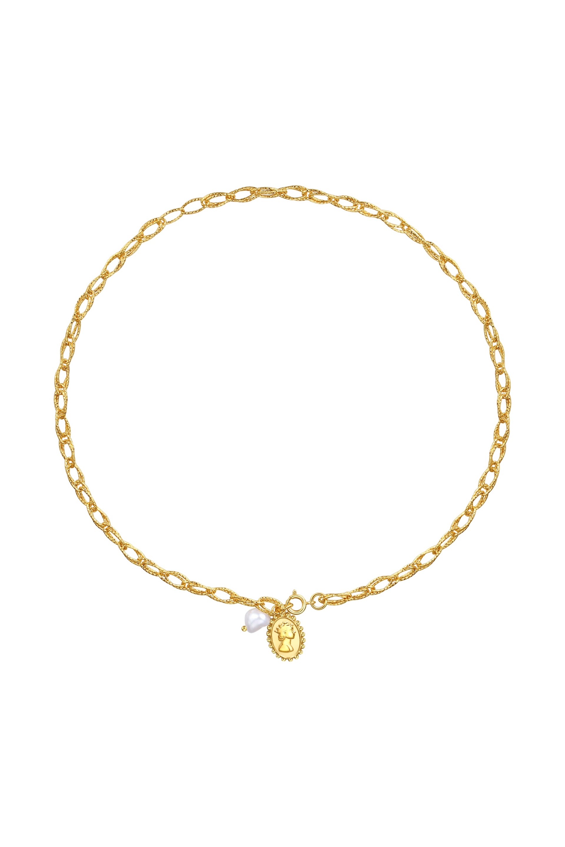 Golden Carved Pendant and Pearl Necklace