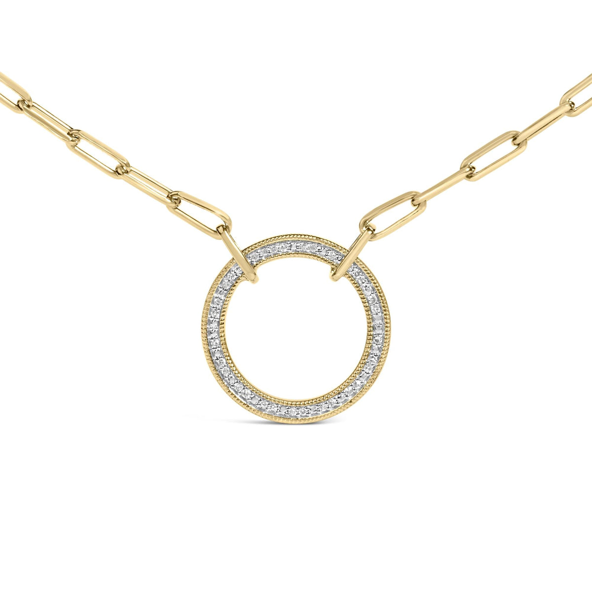 Gold Vermeil 1/10 Cttw Diamond Paperclip Chain Circle Pendant Necklace