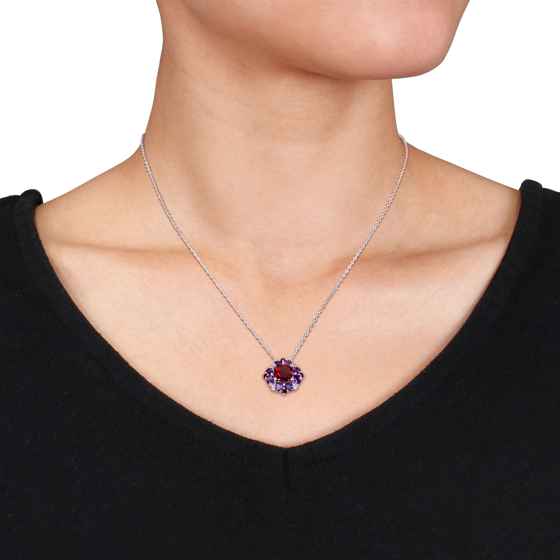 4 2/5ct TW Garnet and African Amethyst Quatrefoil Floral Necklace in Sterling Silver