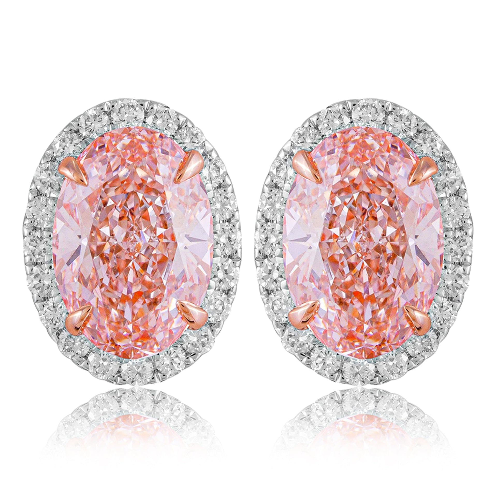 14k White Gold Vivid Pink Oval Cut 3.5 CT Lab-grown Diamond Halo Stud Earrings