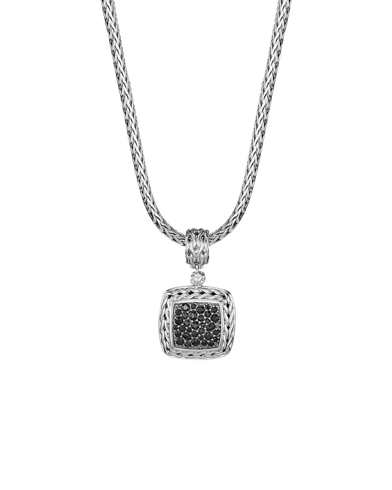 Sterling Silver Classic Chain Medium Square Pendant with Black Sapphire
