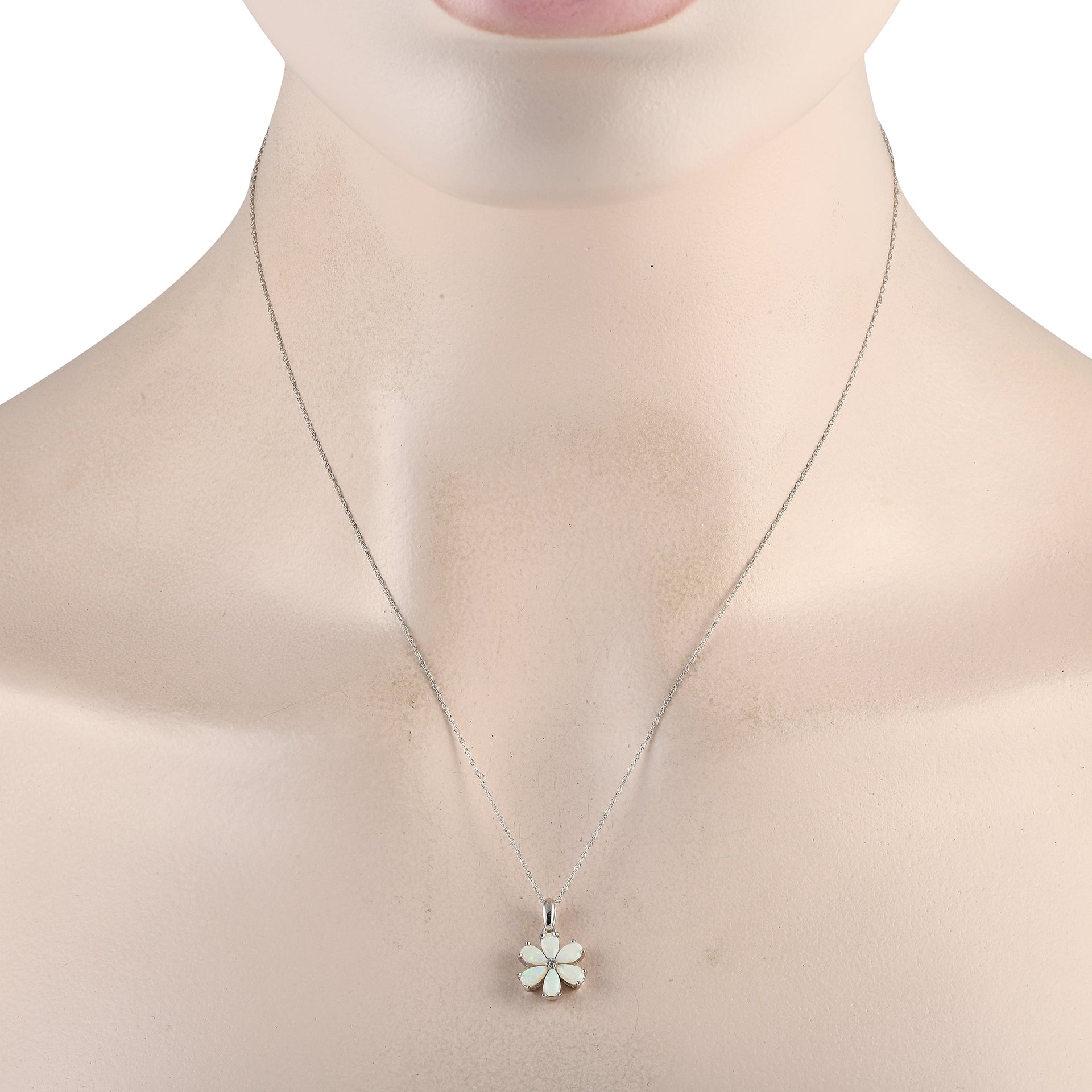 LB Exclusive 14K White Gold 0.01ct Diamond and Opal Flower Necklace PD4-15845WOP