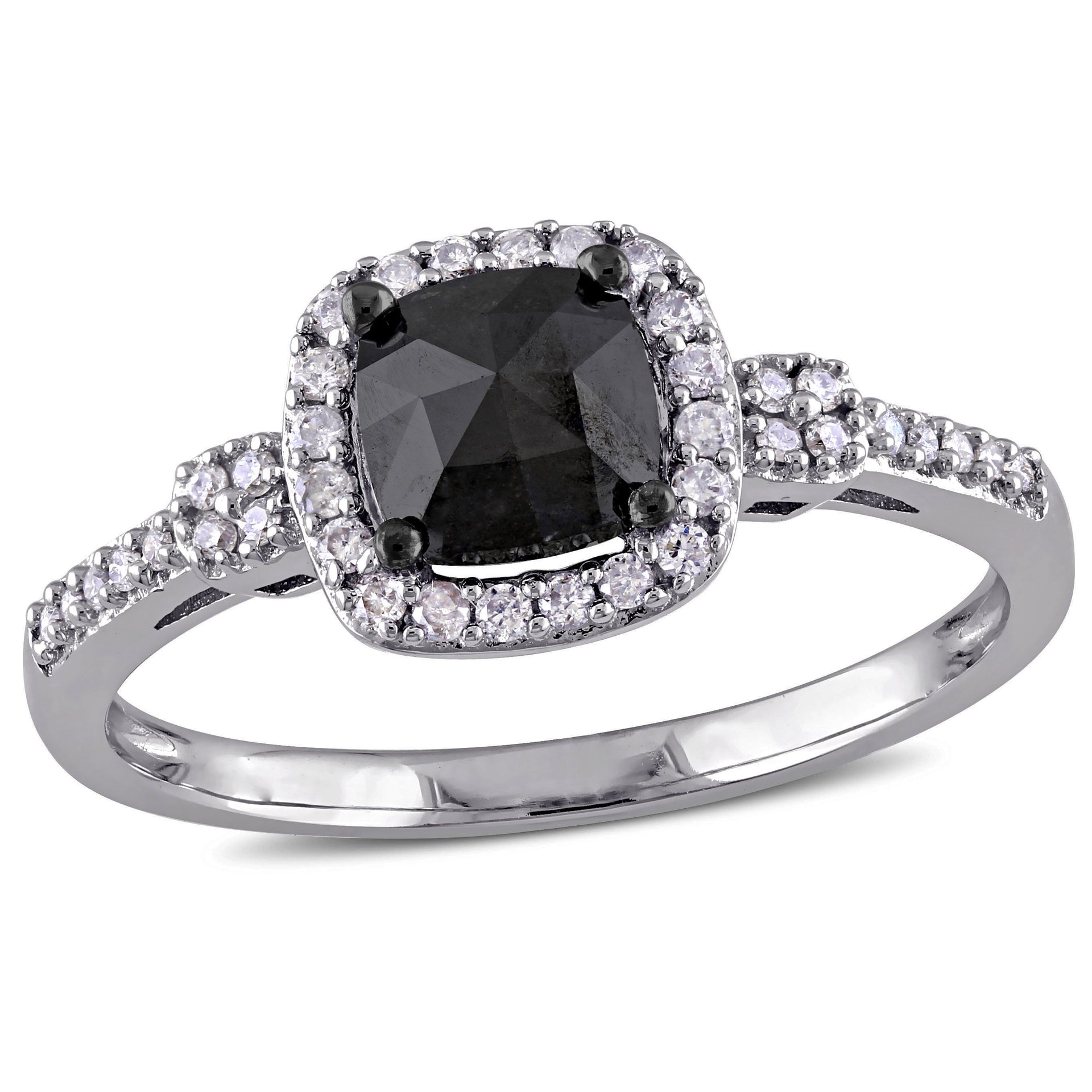 1ct TW Black and White Cushion Cut Diamond Engagement Ring in 14k White Gold
