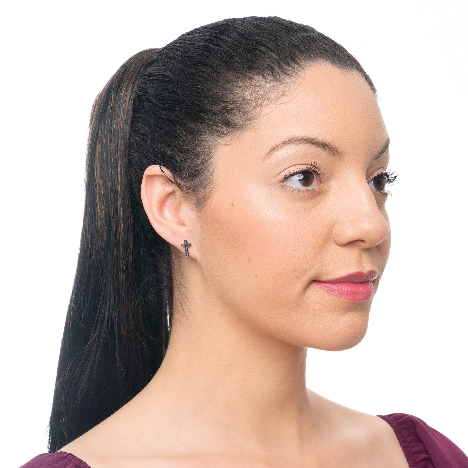 Real Black Diamond Cross Stud Earrings in Sterling Silver