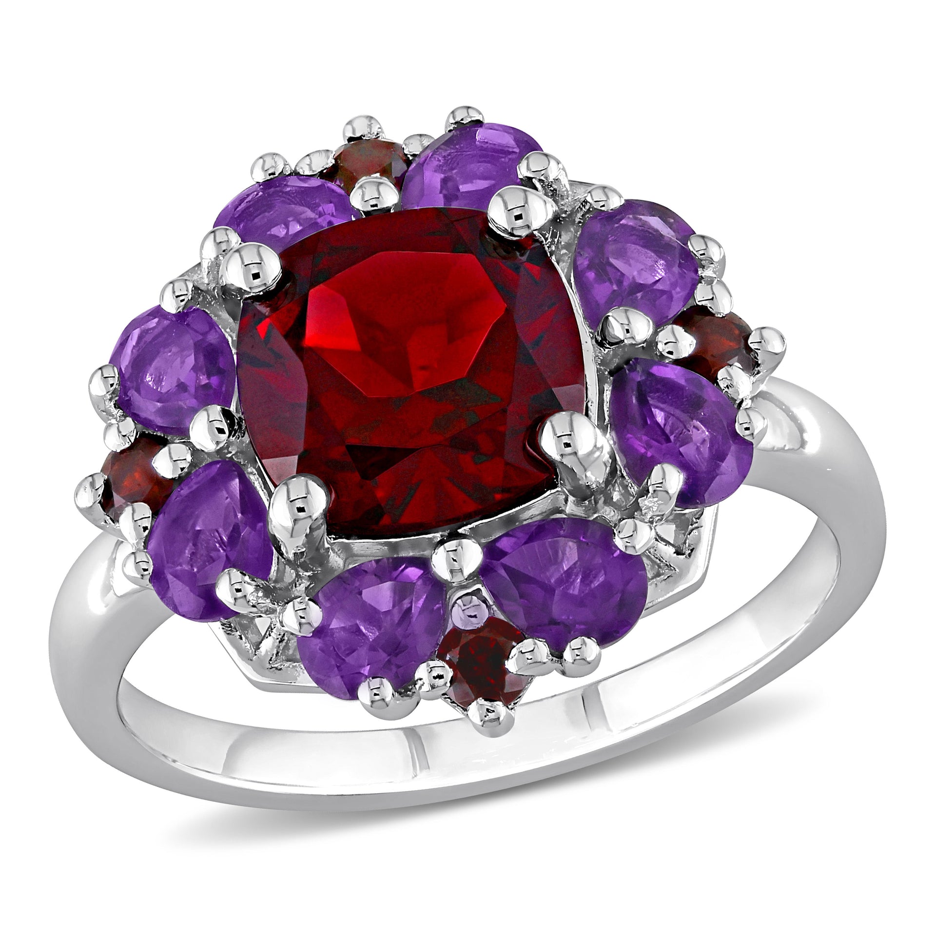 4 2/5ct TW Garnet and African Amethyst Quatrefoil Floral Ring in Sterling Silver