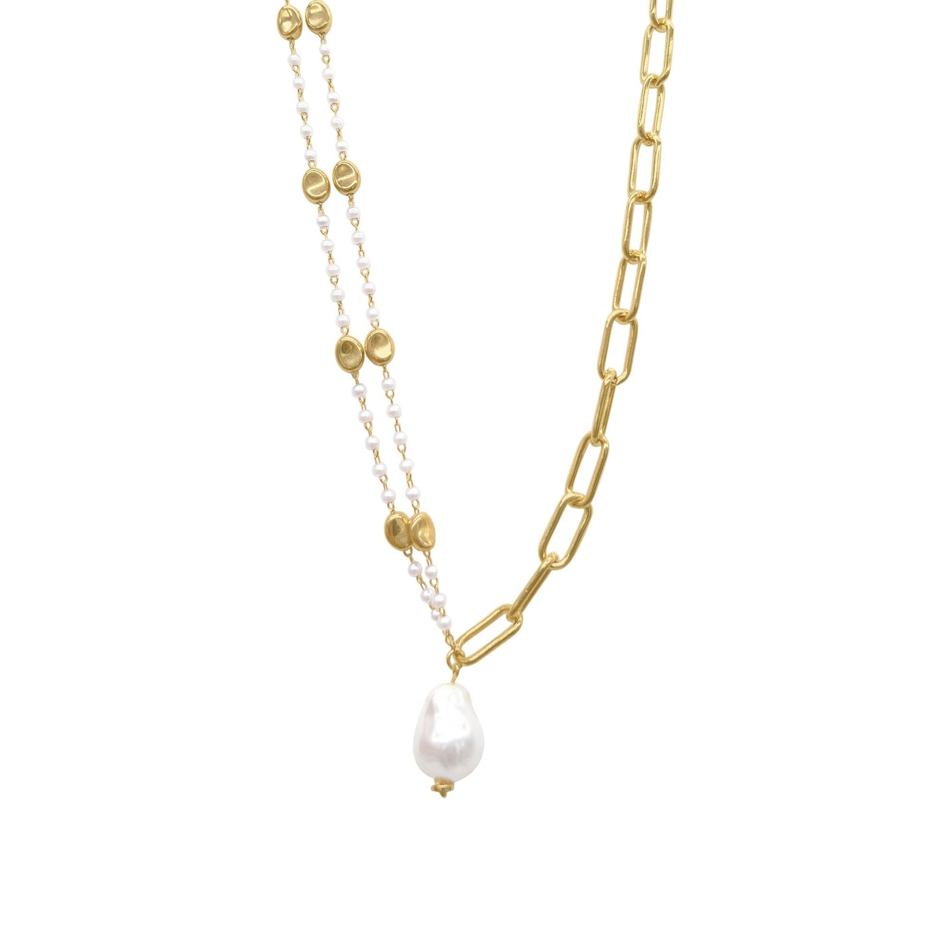 14k Gold Plated Mixed Rosary And Paper Clip Chain Necklace With Freshwater Pearl Drop