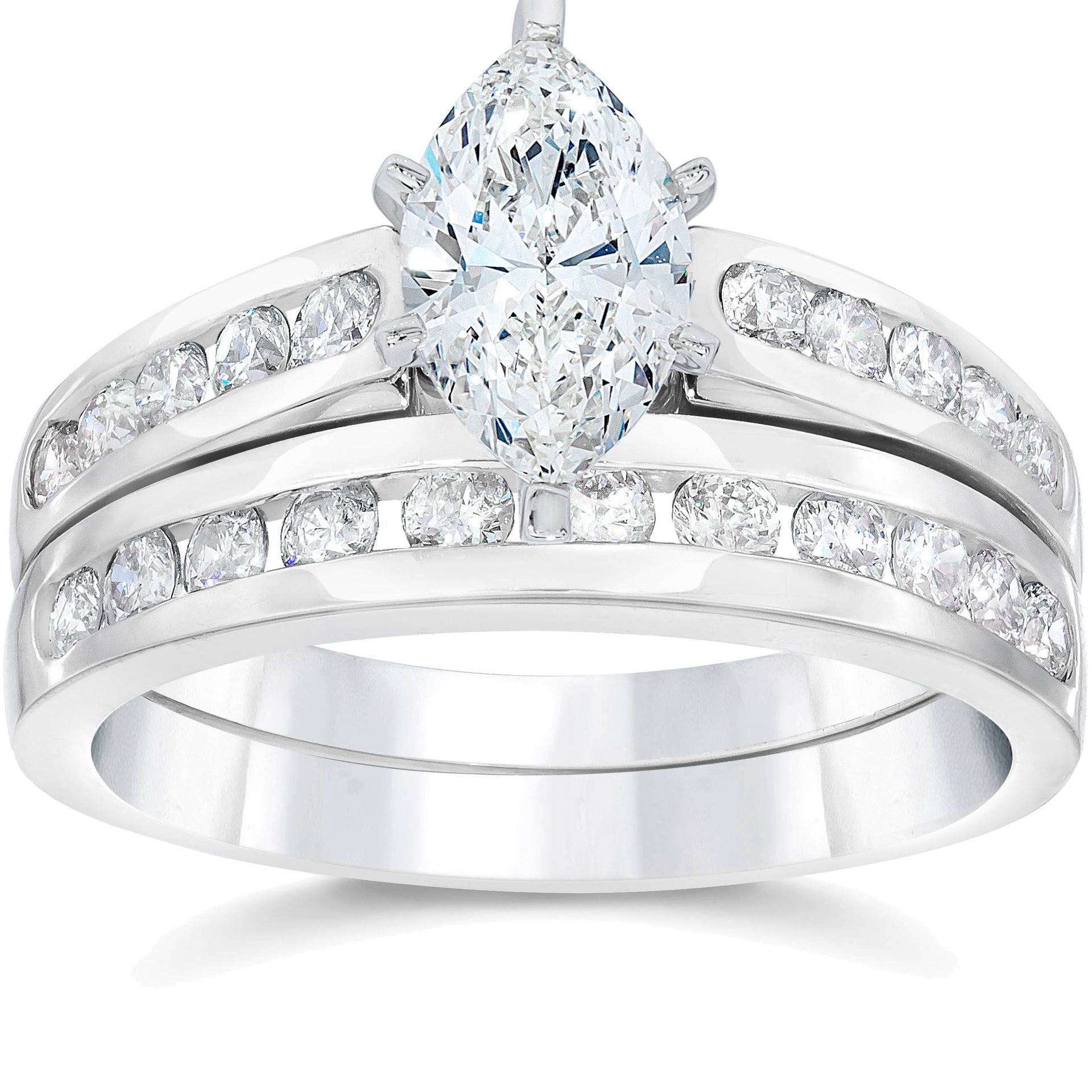 2 Carat Marquise Enhanced Diamond Engagement Wedding Ring Set White Gold 14 karat