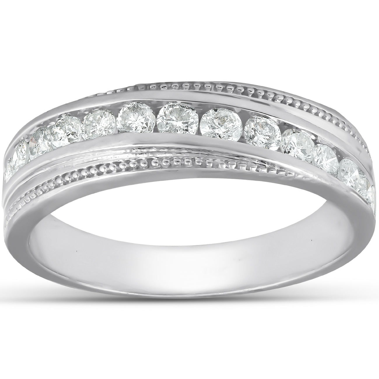 1/2 Ct Mens Diamond Wedding Ring With Bead Accent High Polished 10k White Gold
