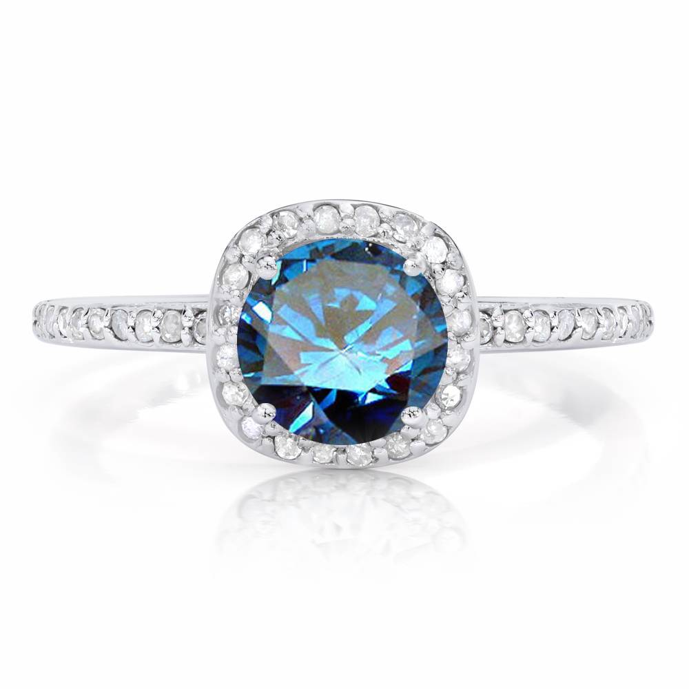 1 1/6ct Blue Diamond Cushion Halo Engagement Ring 14K White Gold