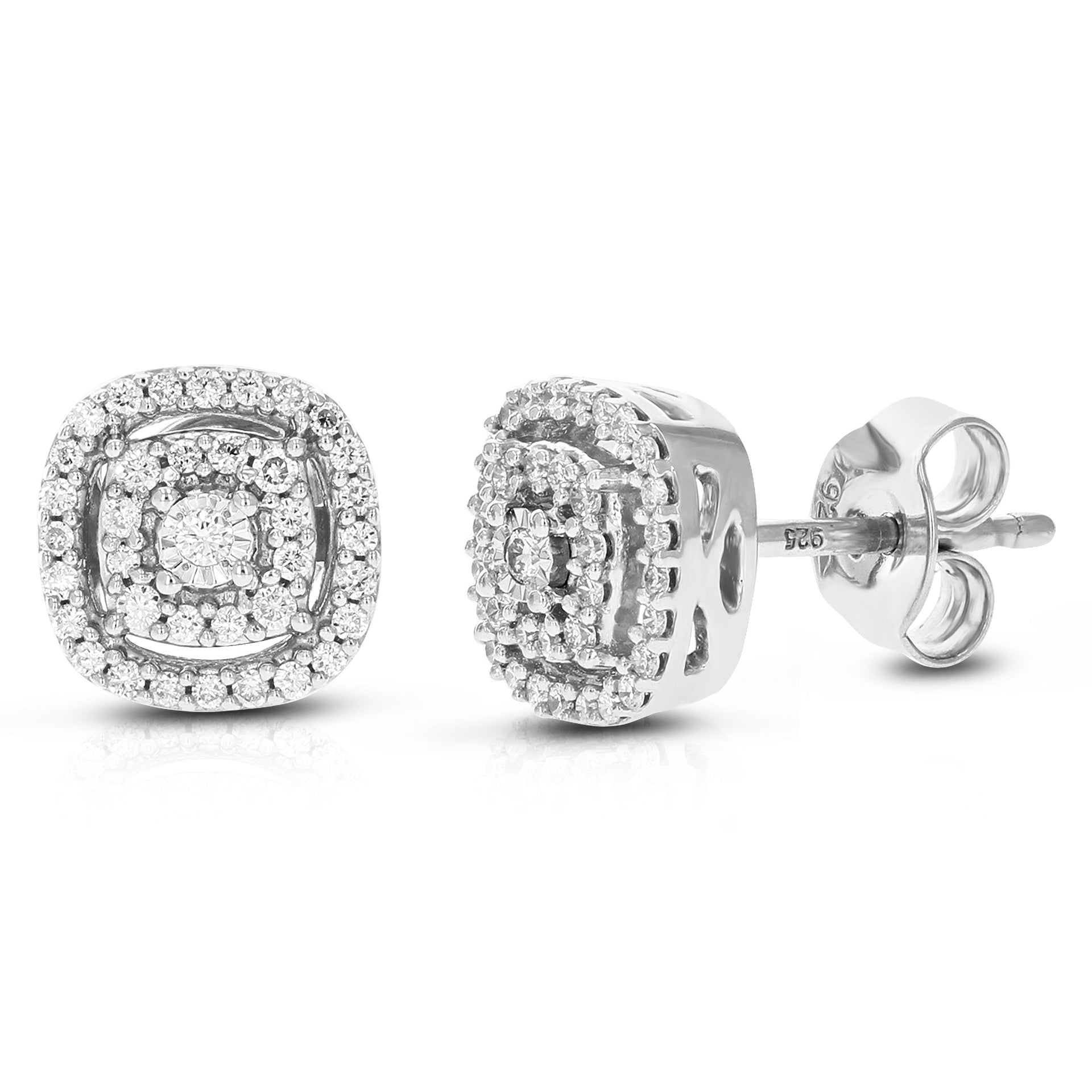 1/4 cttw 66 Stones Round Lab Grown Diamond Studs Earrings .925 Sterling Silver Prong Set Square Shape