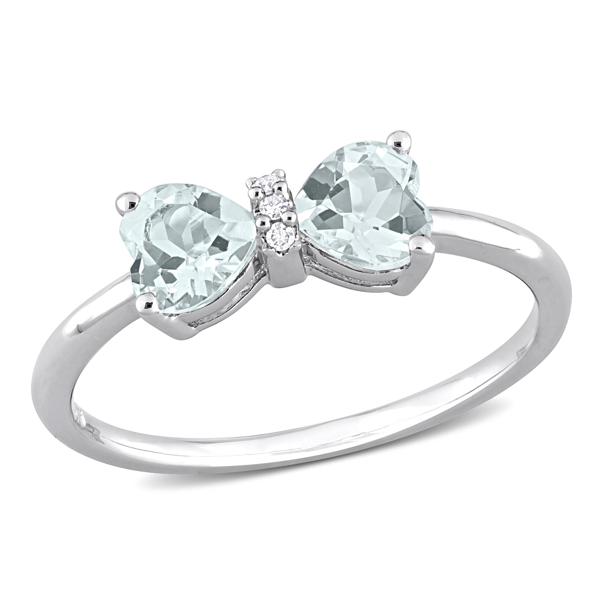 Mimi & Max 3/4 CT TGW Heart Aquamarine and Diamond Accent Bow Ring in Sterling Silver