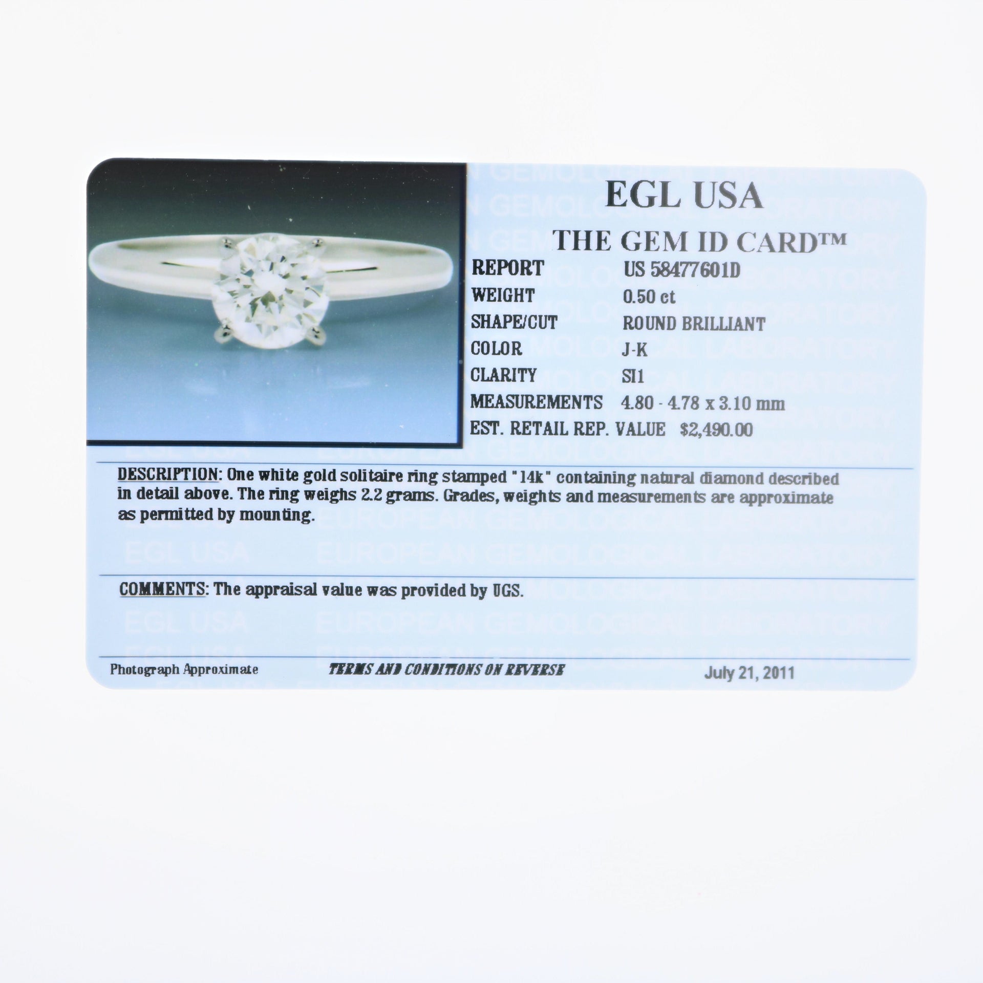 1/2 cttw SI1 Diamond Solitaire Engagement Ring 14K White Gold Round Prong