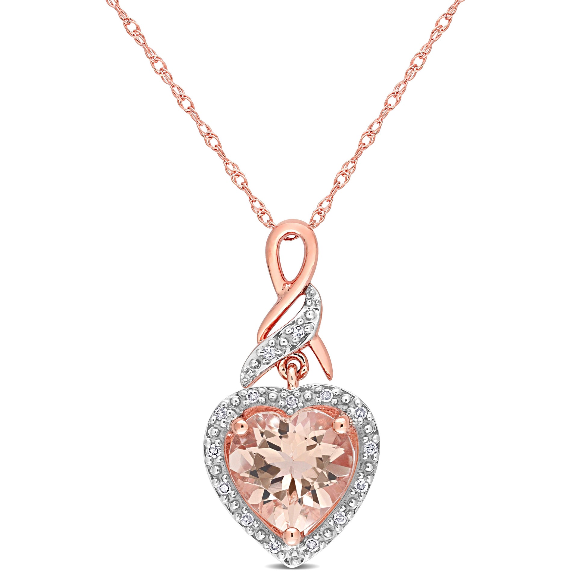 Mimi & Max Halo Diamond and Heart Shaped Morganite Pendant with Chain in 10k Rose Gold
