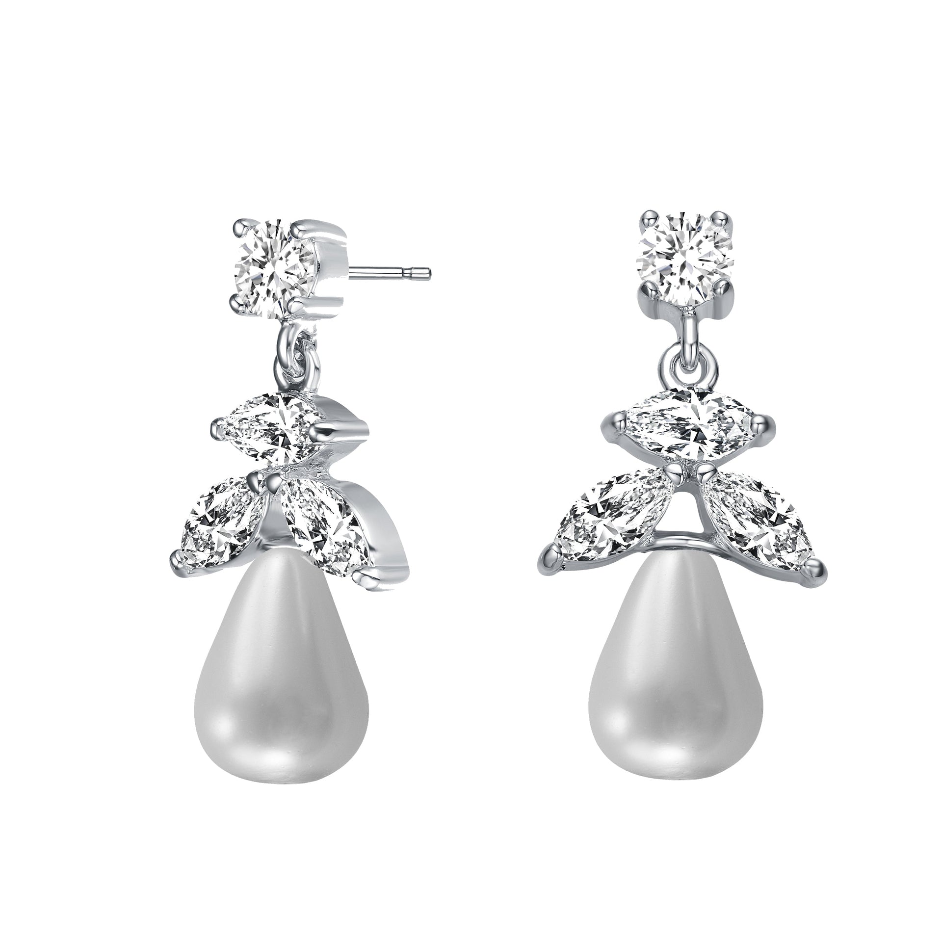 Sterling Silver With Rhodium Plated White Round Freshwater Pearl With Marquise And Round Cubic Zirconia Earrings