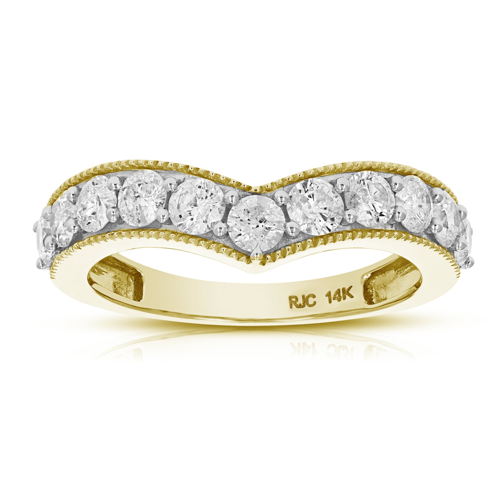 1 Cttw V-shape Diamond Wedding Band With Milgrain 14K Gold