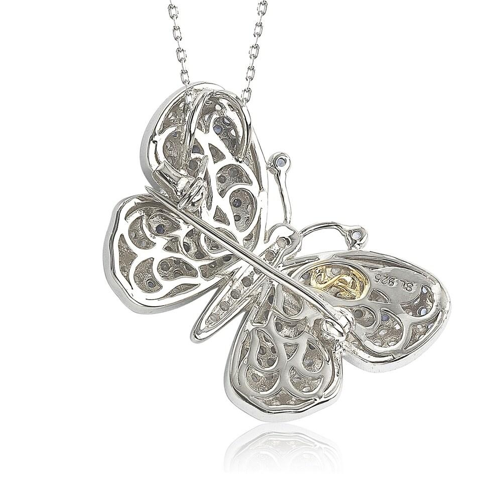 Suzy Levian Sterling Silver Sapphire & Diamond Accent Butterfly Pendant Brooch