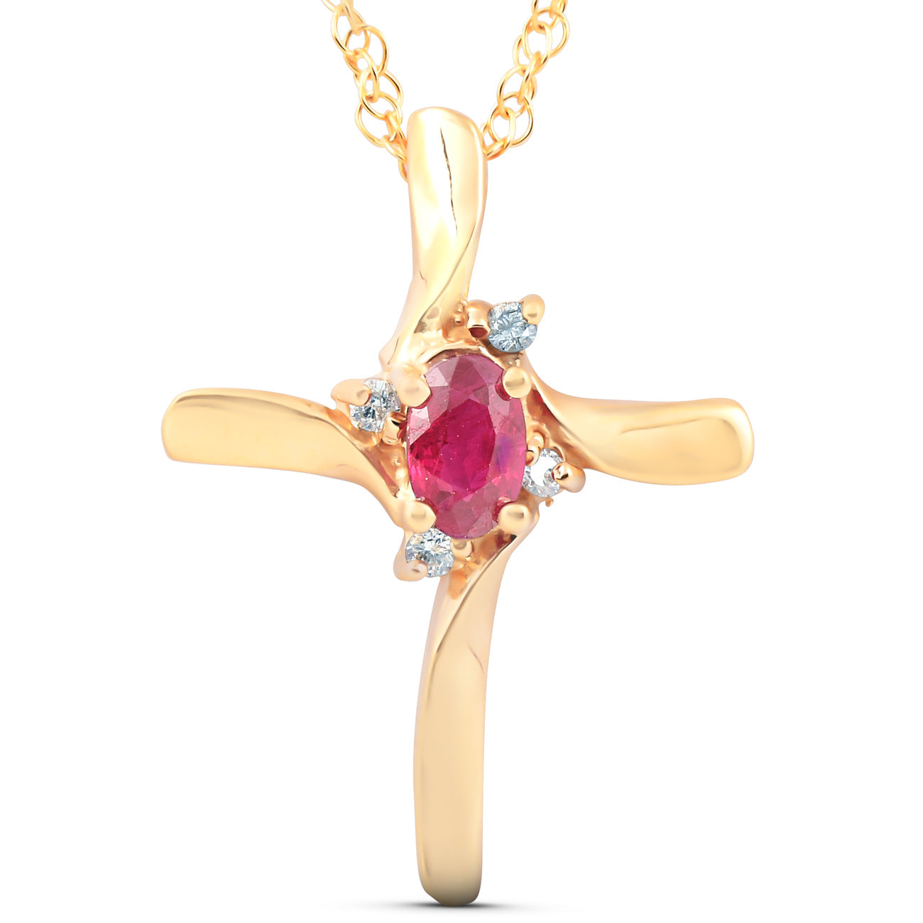 1/4CT Ruby & Diamond Cross Pendant & Chain 14K Yellow Gold 3/4' Tall