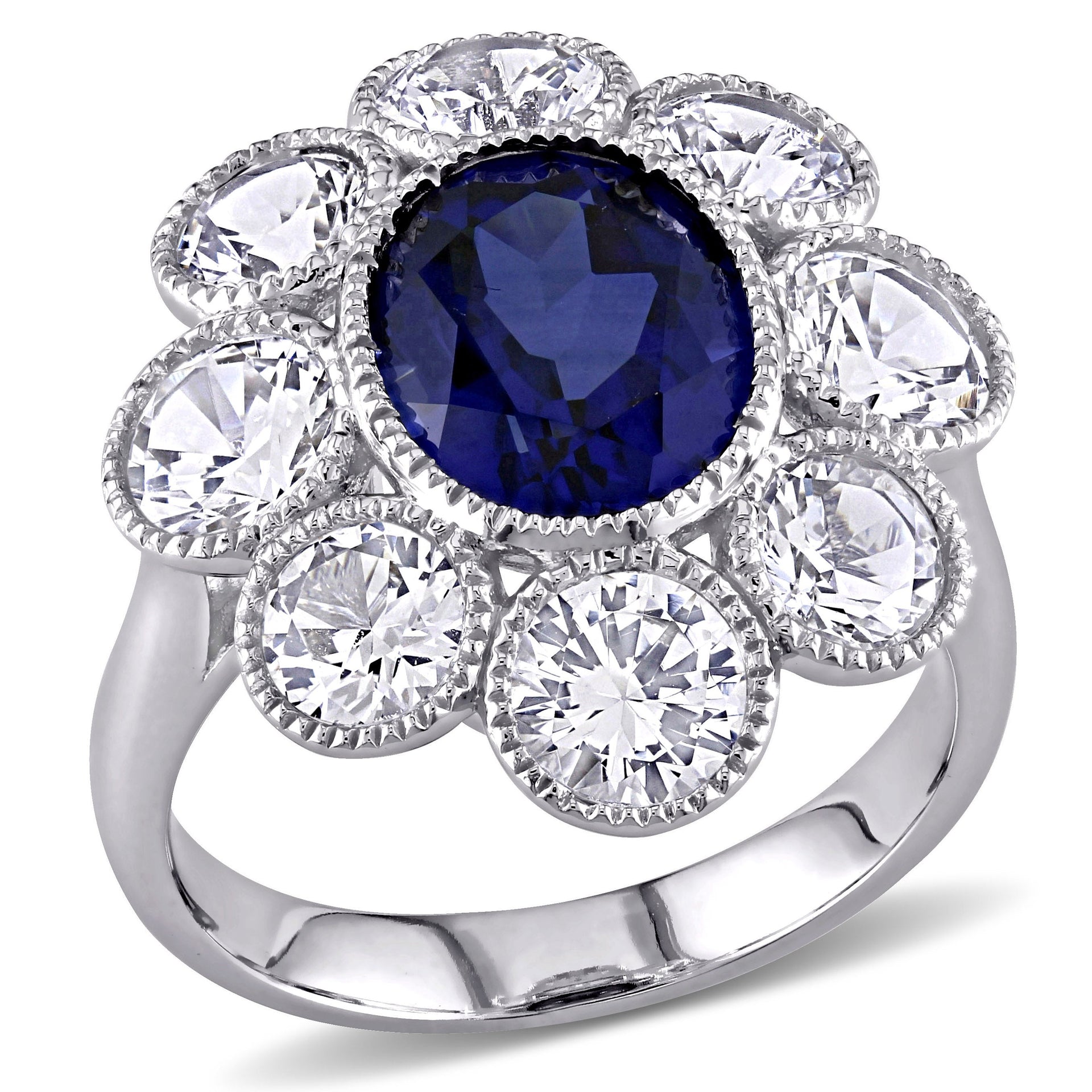 8 3/5 CT TGW Created Blue and Created White Sapphire Floral Ring in 10K White Gold