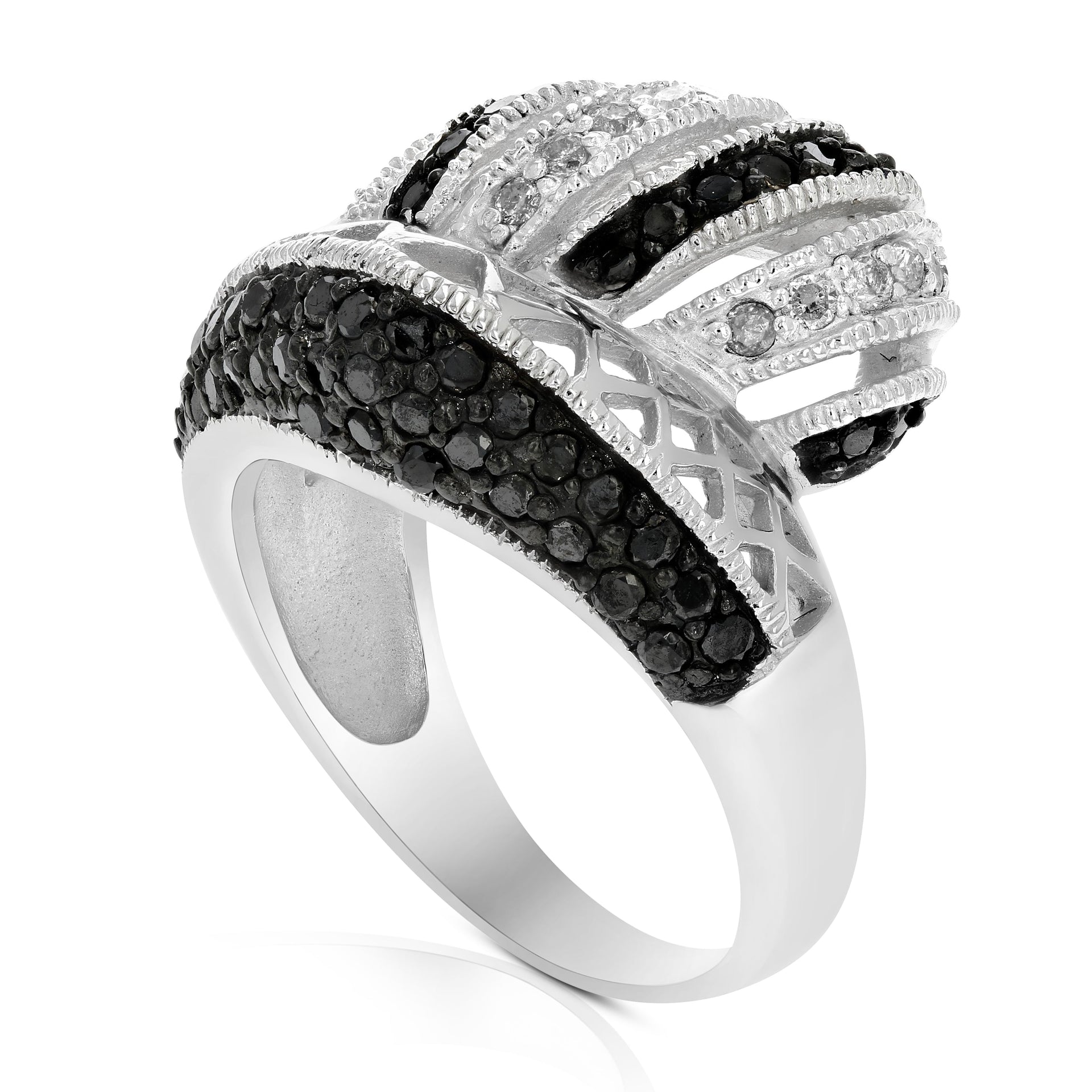 1.10 cttw Black and White Diamond Ring .925 Sterling Silver with Rhodium