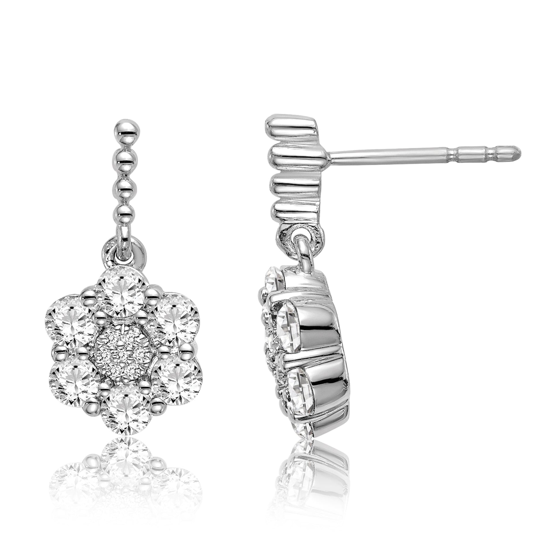 14K White Gold 0.88 CT Lab Grown Diamond Floral Dangle Earrings VS Clarity G-H Color