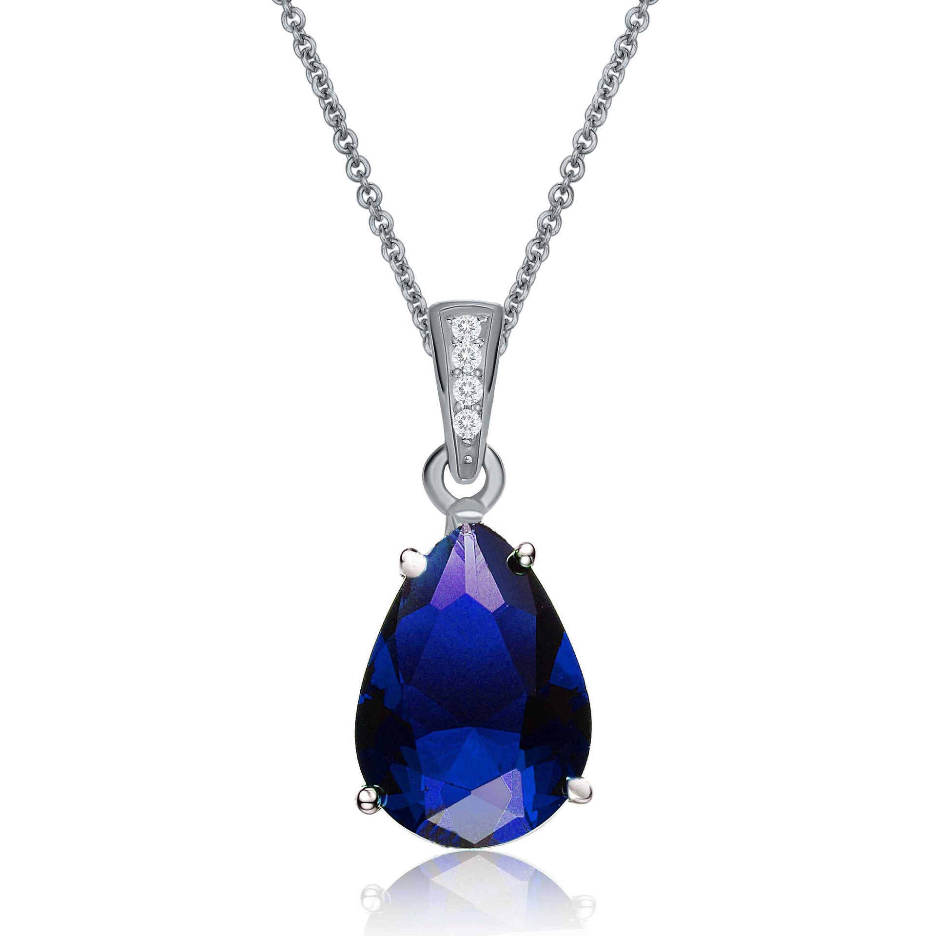 Sterling Silver Blue Cubic Zirconia Pear Drop Solitaire Necklace
