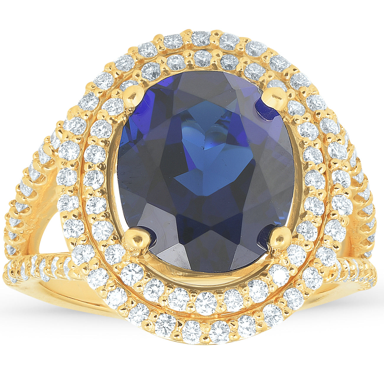 6 1/5 Ct Huge Diamond Oval Blue Sapphire Diamond Double Halo Ring Yellow Gold