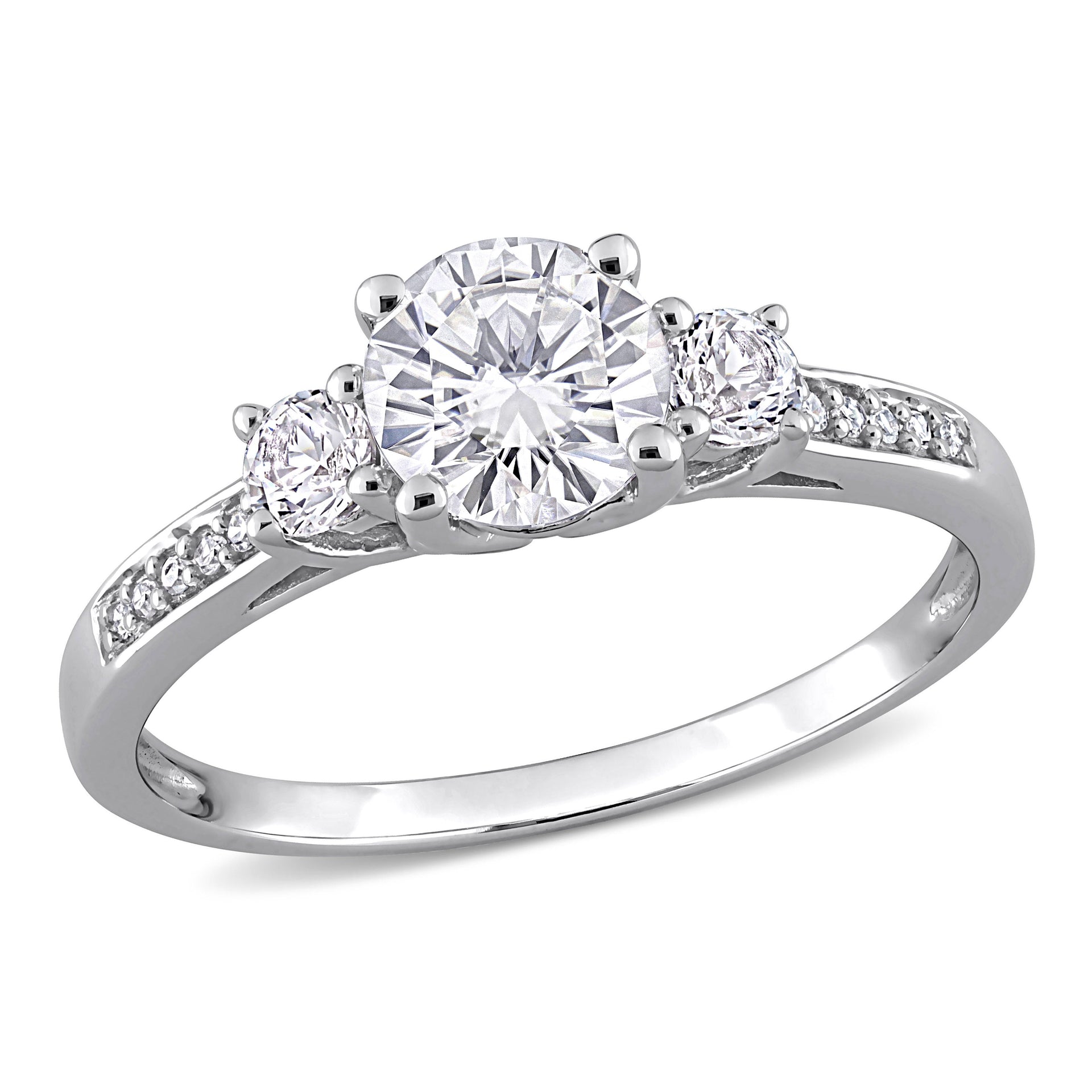 Created White Sapphire and Diamond 3-Stone Engagement Ring in 10k White Gold