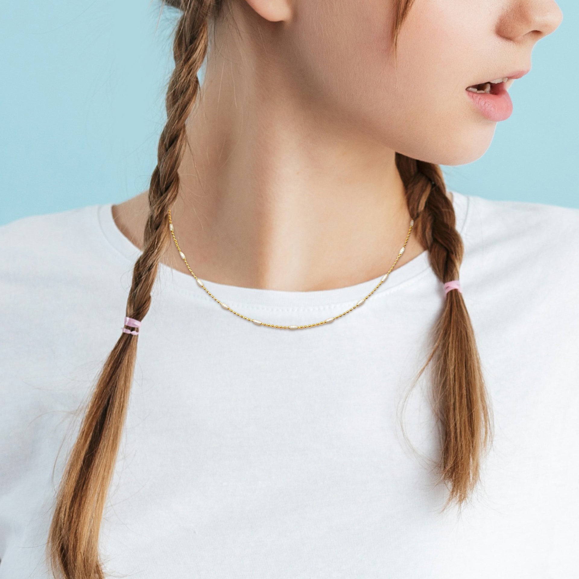 Mimi & Max Ball Link Necklace with White Enamel in Yellow Silver - 15+2 in.