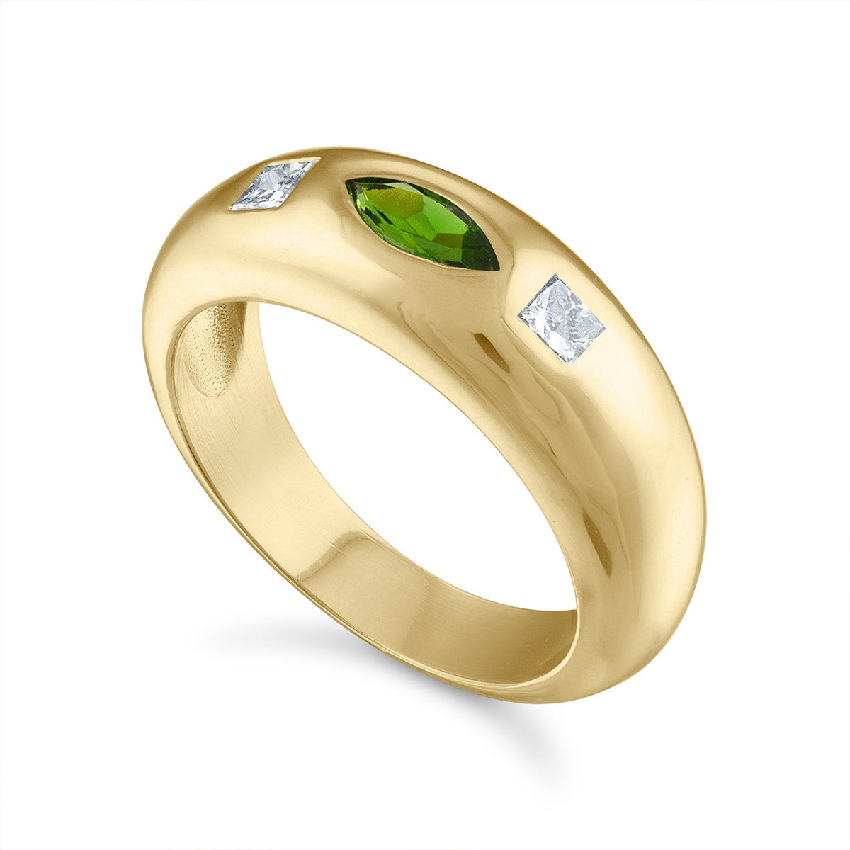 Gold Three Stone Dome Ring with Diamonds and Chrome Diopside