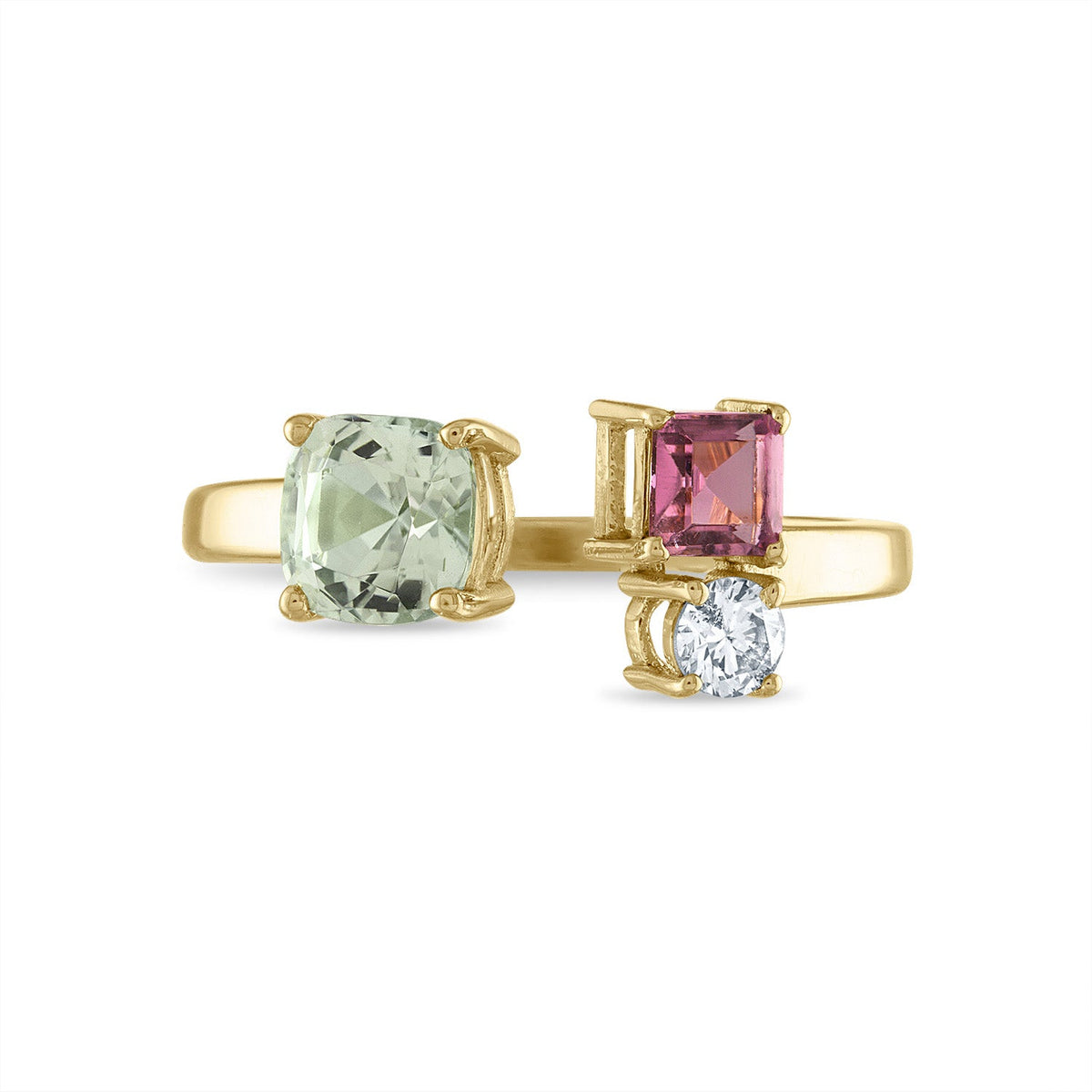 Toi et Moi Three Stone Gold Ring with Aquamarine, Diamond and Pink Tourmaline