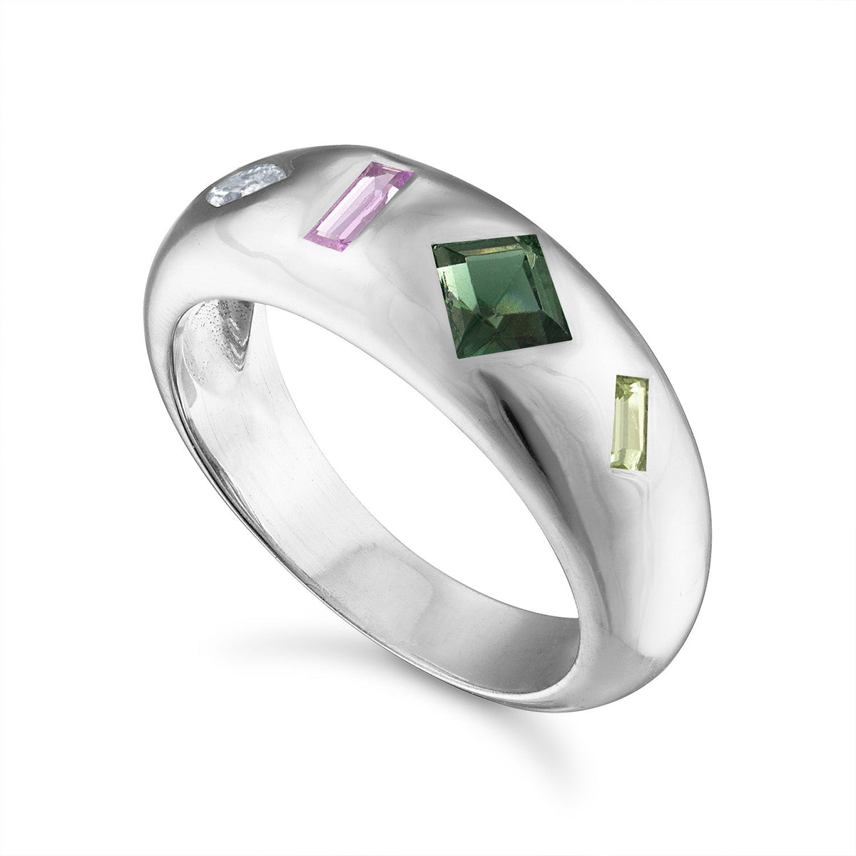 White Gold Four Stone Dome Ring with Diamond, Sapphire, Tourmaline and Peridot