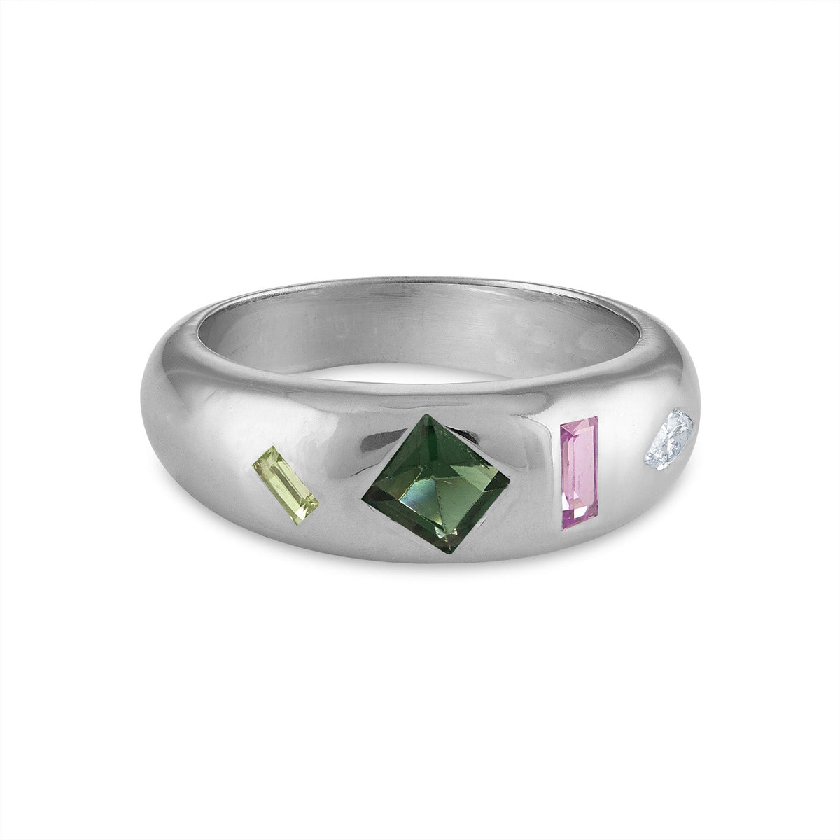 White Gold Four Stone Dome Ring with Diamond, Sapphire, Tourmaline and Peridot