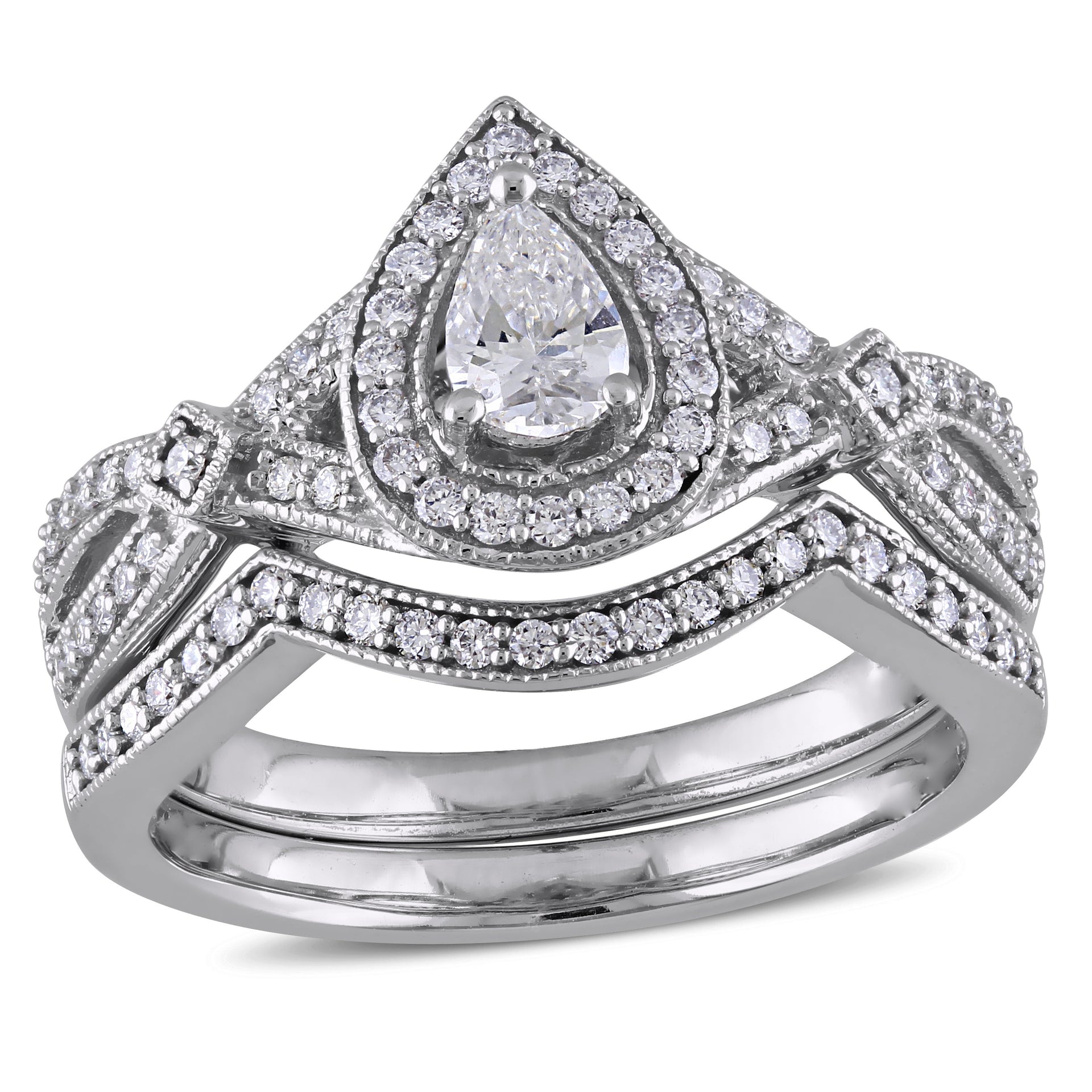 5/8 ct TW Pear and Round-Cut Diamond Vintage Split Shank Bridal Ring Set in 14k White Gold