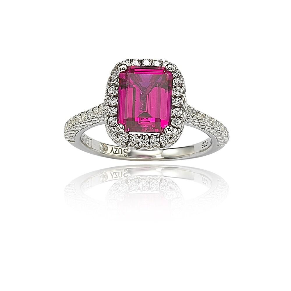 Suzy Levian Sterling Silver Asscher-cut Created Ruby Cubic Zirconia Halo Ring