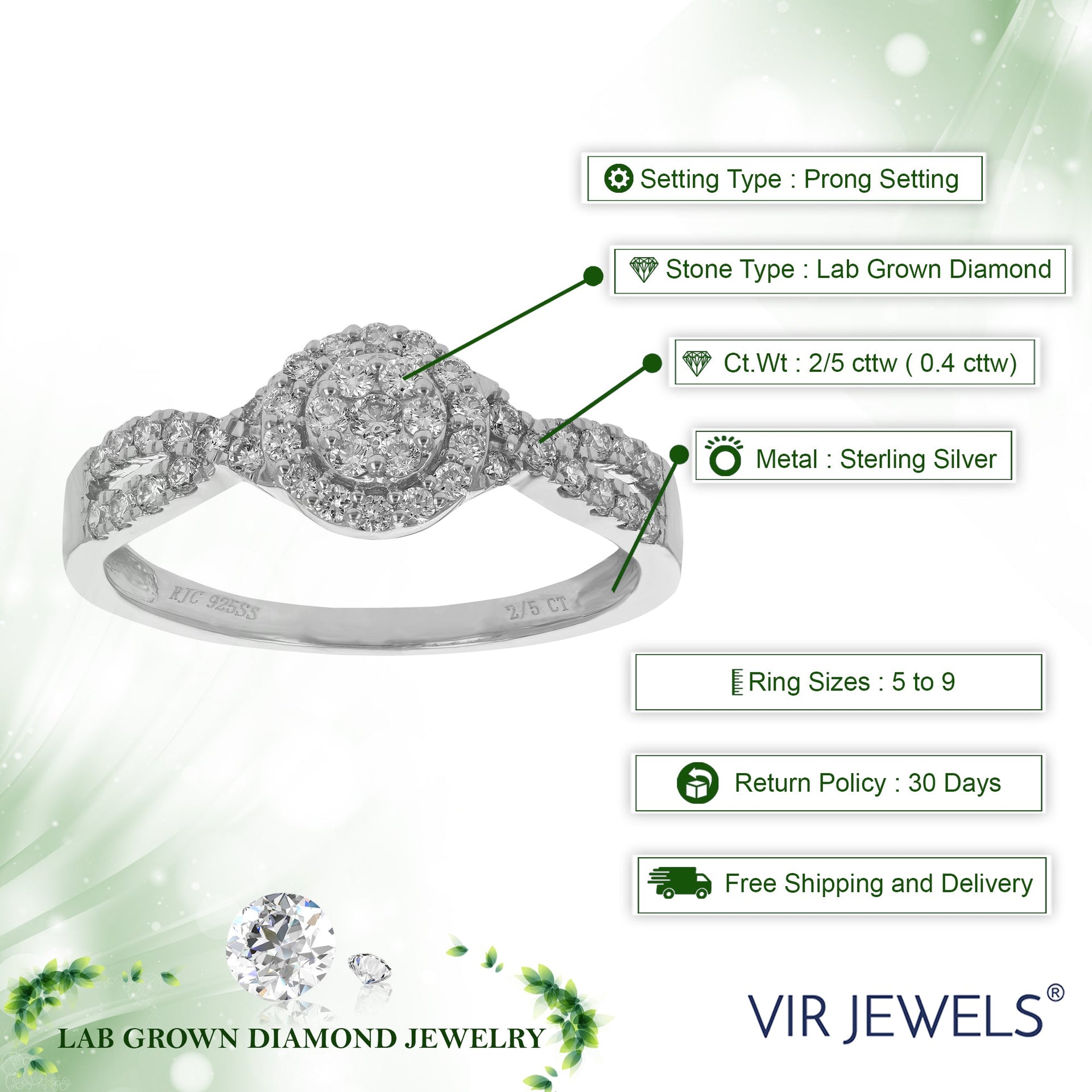 2/5 cttw Round Cut Lab Grown Diamond Engagement Ring 925 Sterling Silver Prong Set