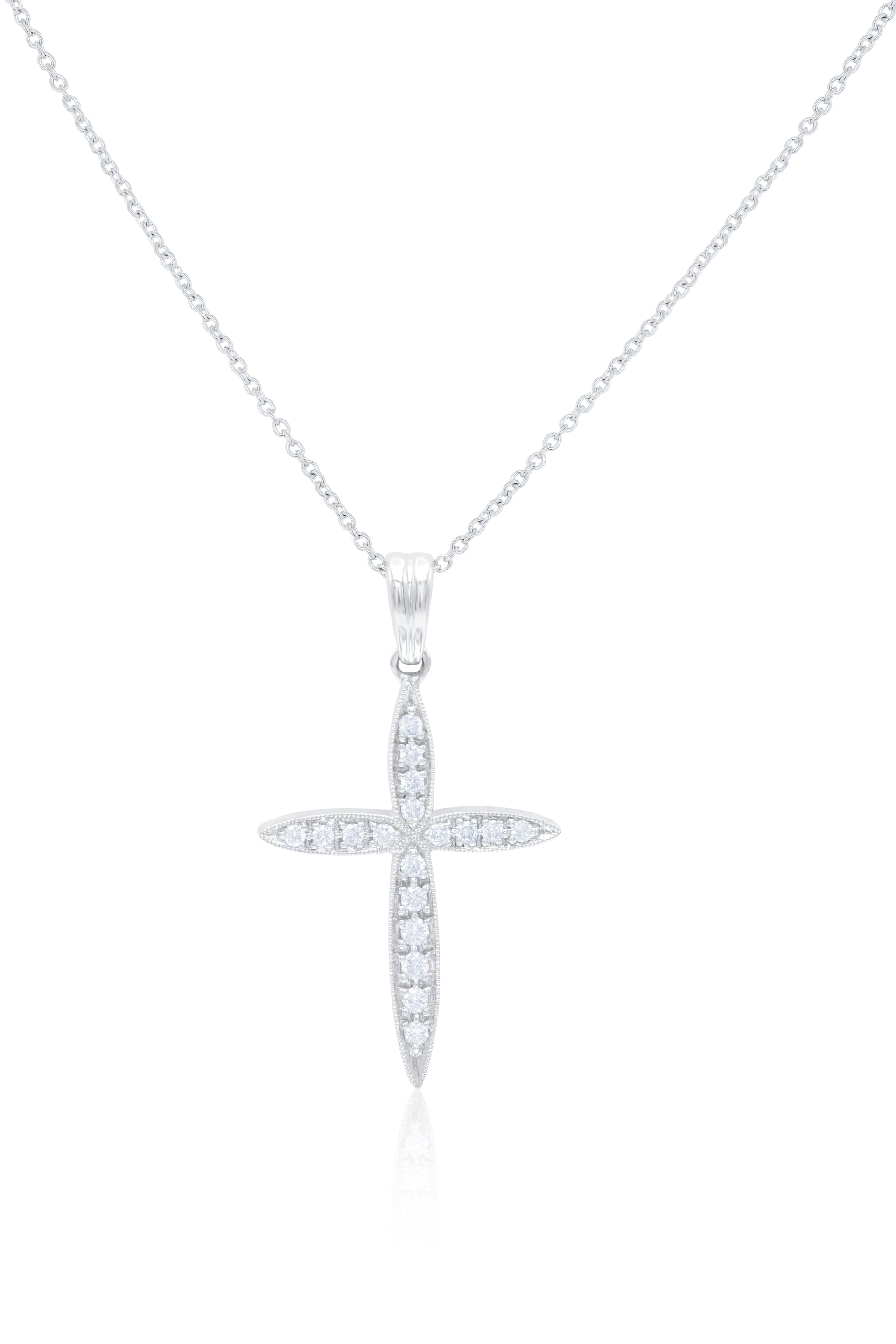 18kt white gold, 1.5' diamond rounded off cross pendant adorned with 0.60 cts tw of round diamonds set in a filigree setting