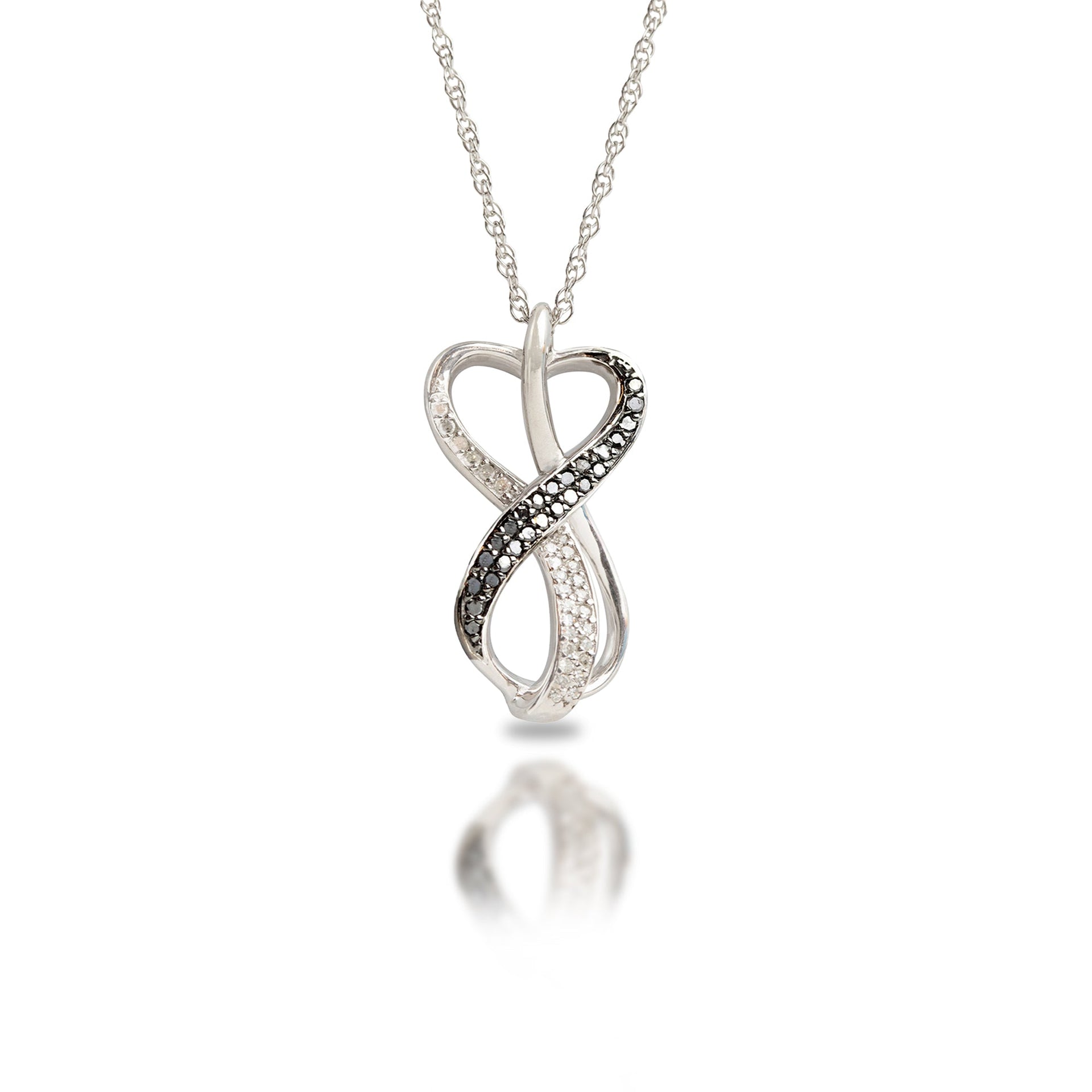 Sterling Silver 0.2 Carat White & Black Diamond Infinity Heart Necklace with Adjustable 18â€-20â€ Rope Chain