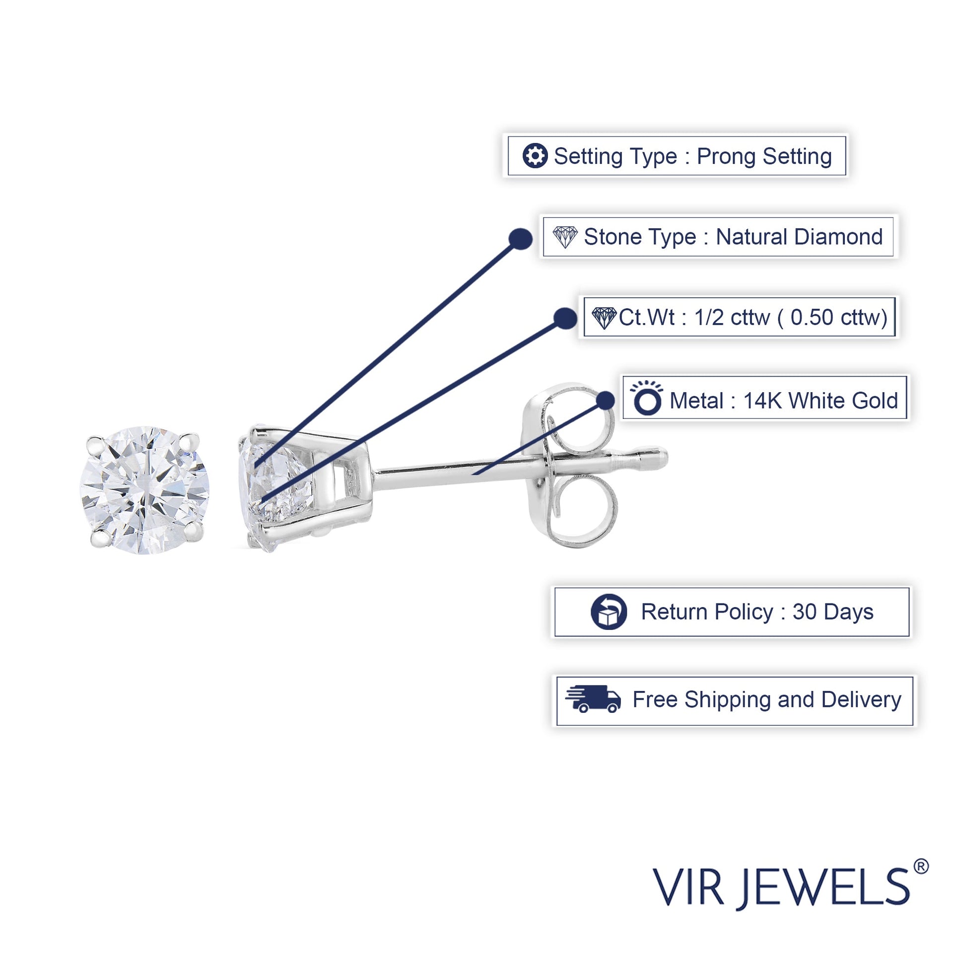 1/2 cttw Diamond Stud Earrings 14K White Gold Push Backs Round 4 Prong Basket