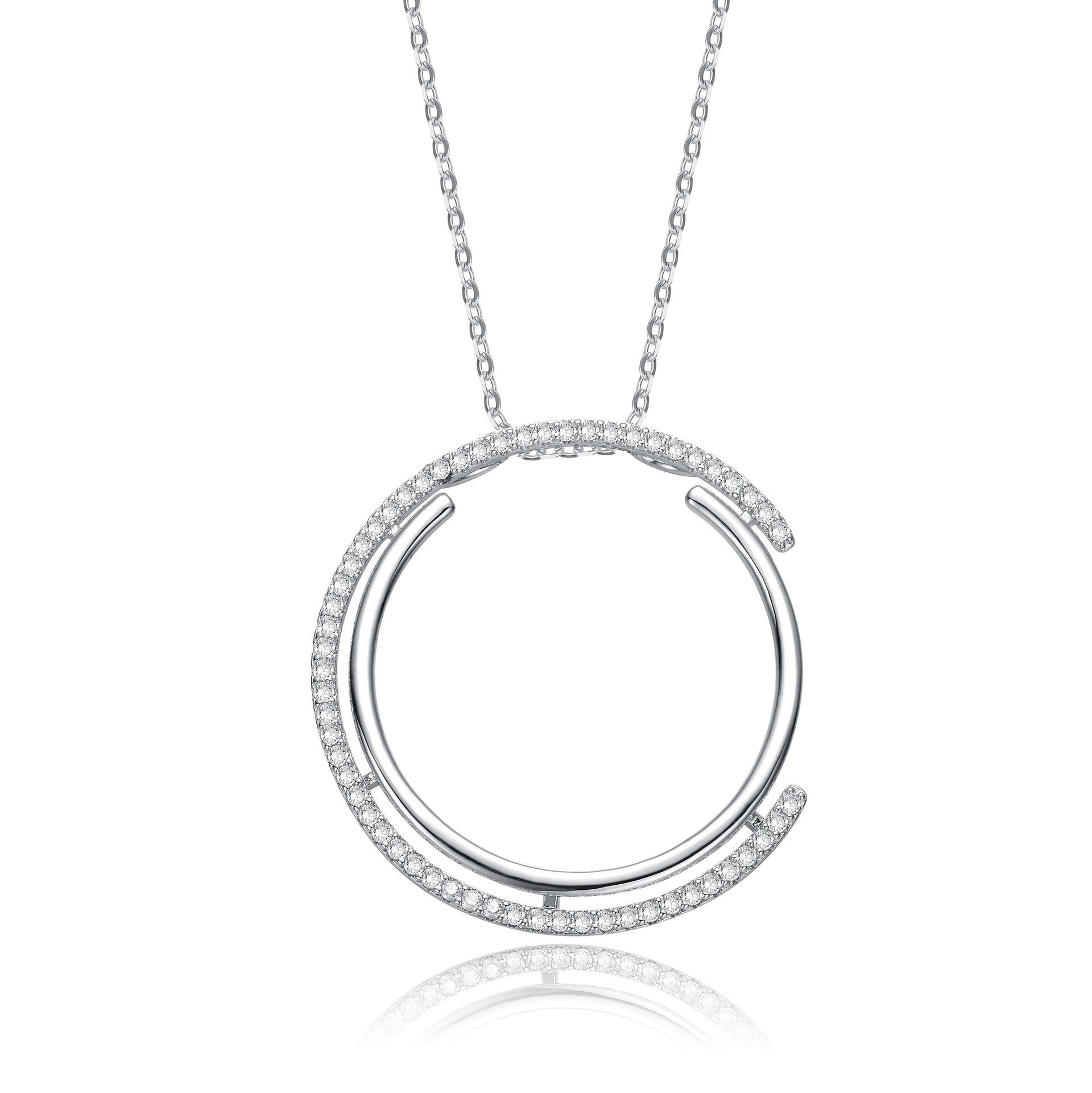 White Gold Plated With Diamond Cubic Zirconia Concentric Eternity Pendant Necklace In Sterling Silver