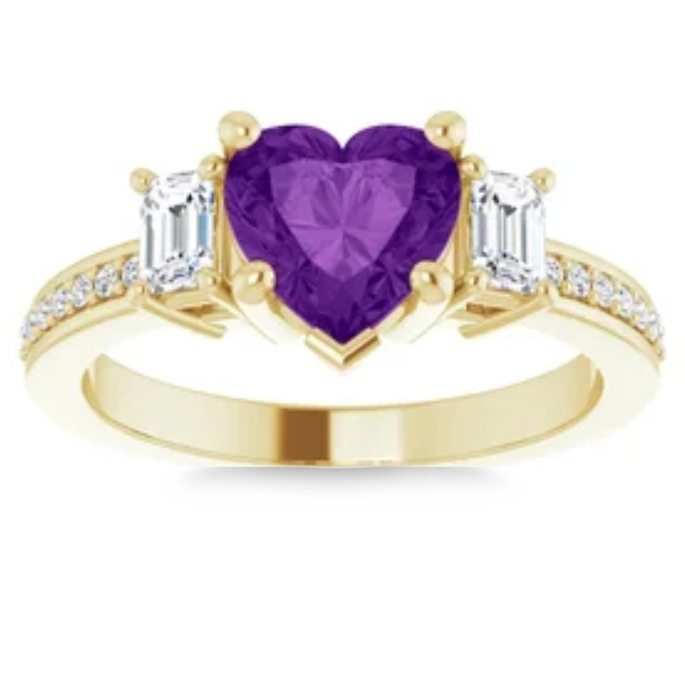 7mm Amethyst Vintage Diamond Heart Shape Accent Ring in 14k White or Yellow Gold