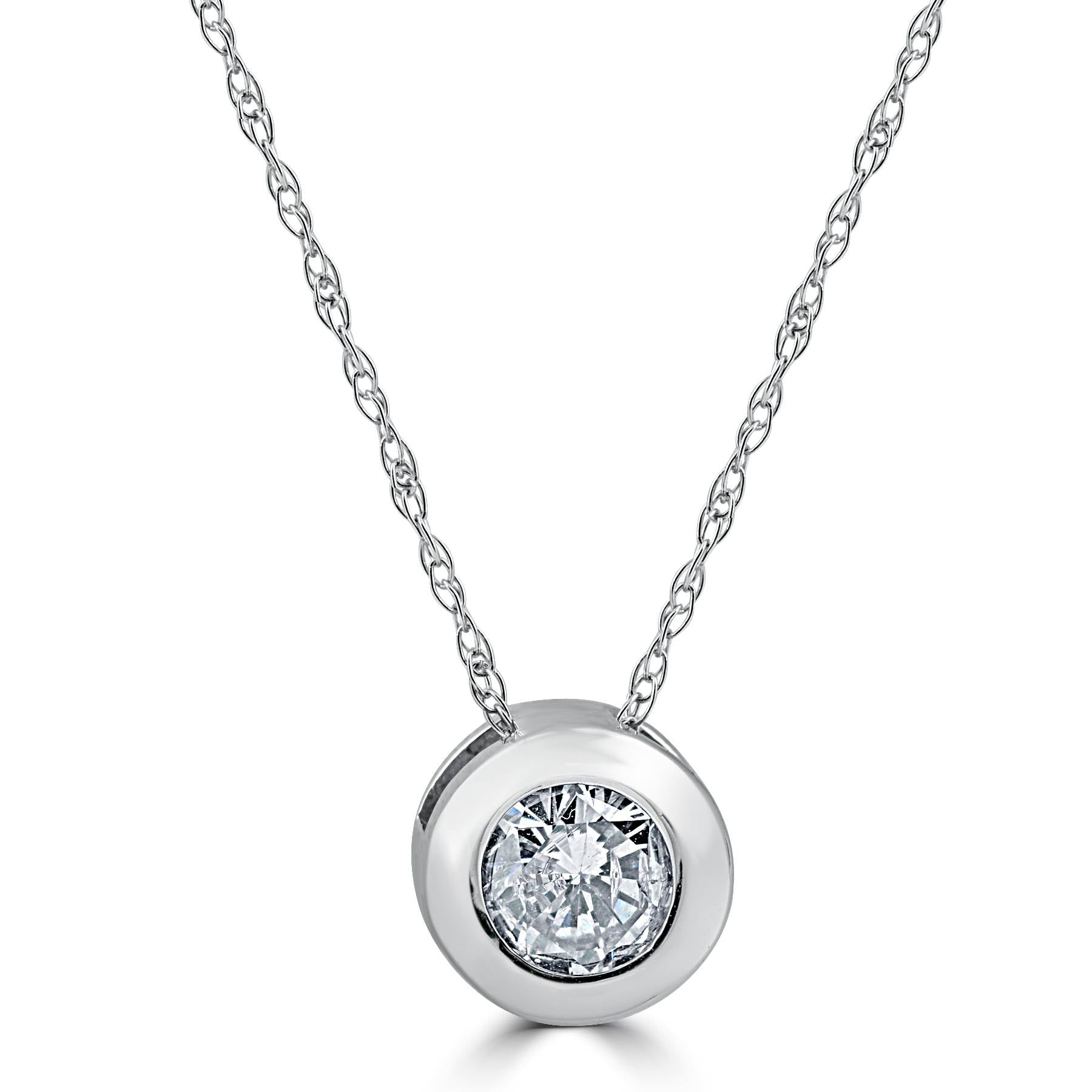 3/4ct Round Bezel Solitaire Real Pendant 14K White Gold