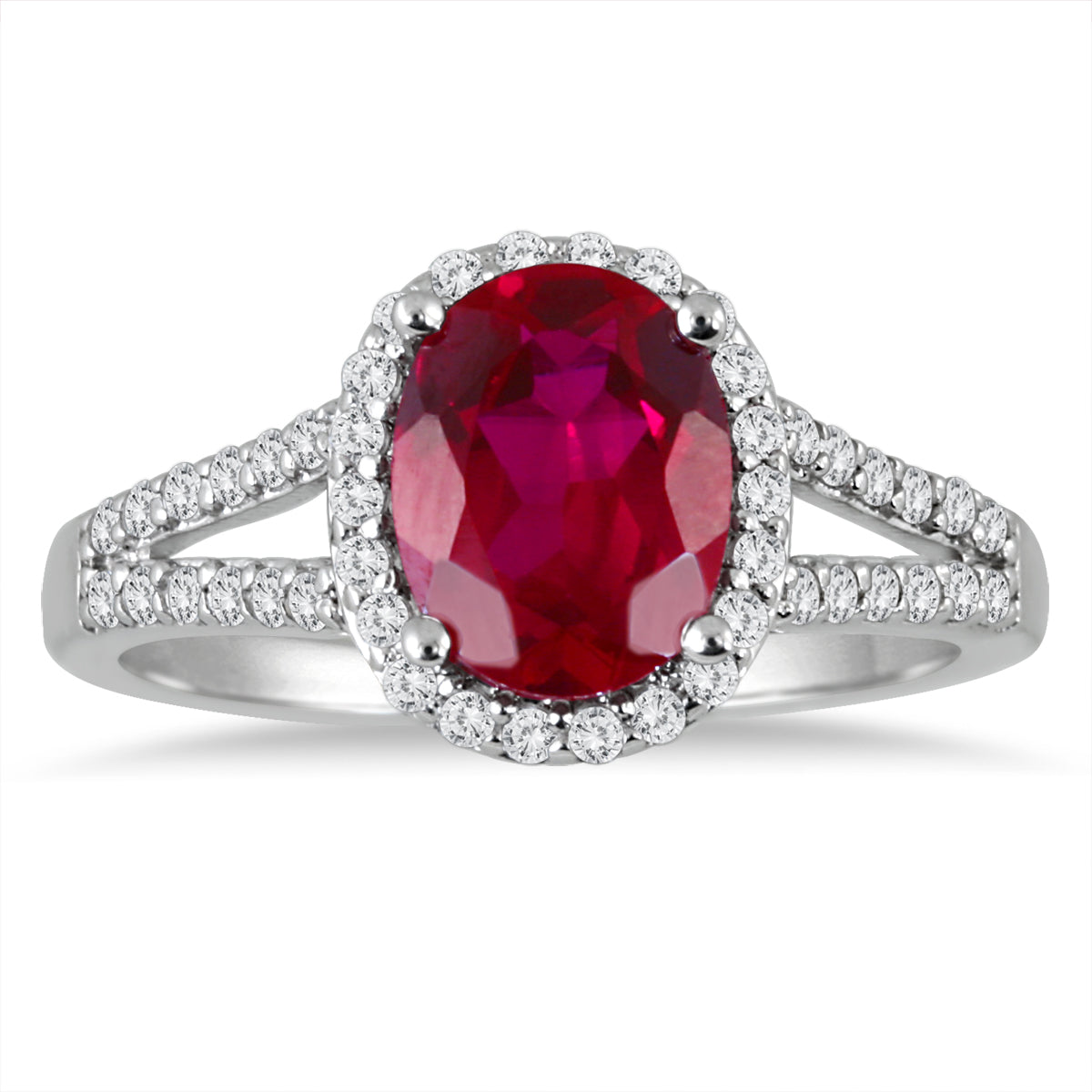 Split Shank Ruby And Diamond Halo Ring In 14K White Gold