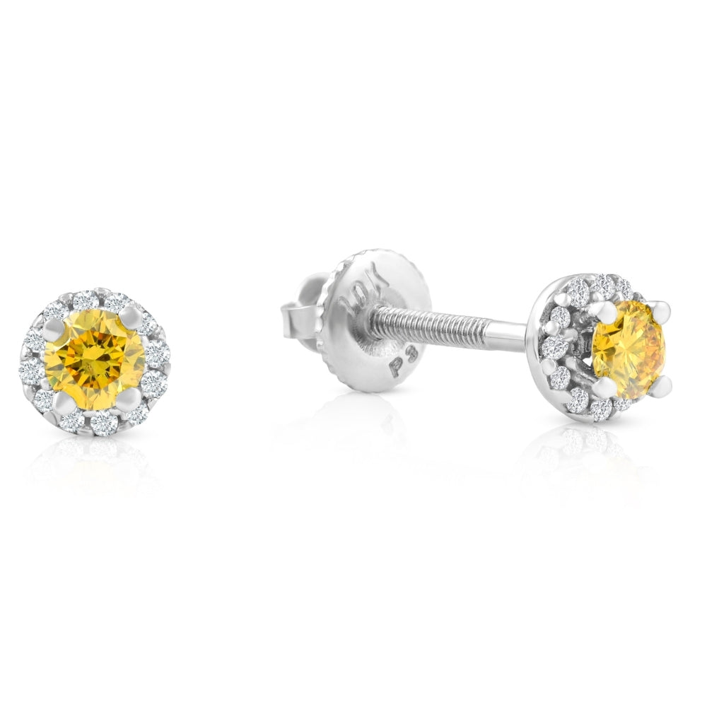 1/4 Ct Halo Fancy Yellow Lab Grown Diamond Studs 10K White Gold