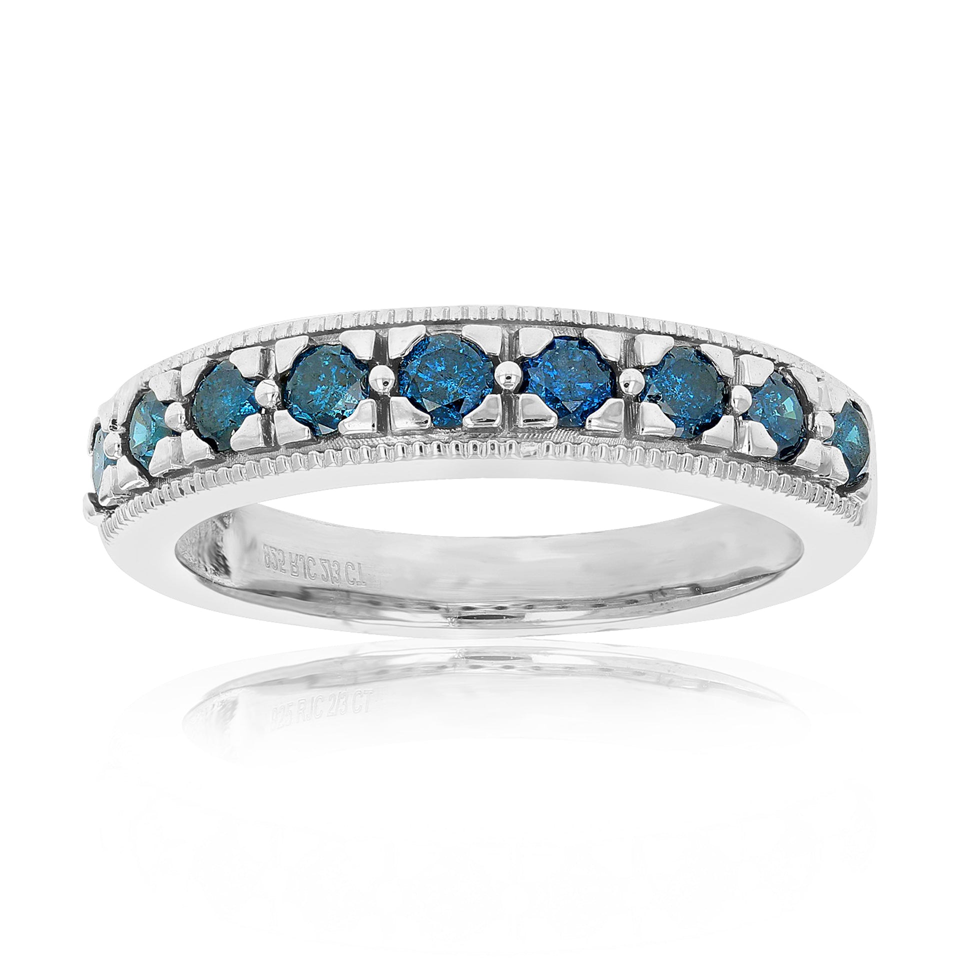 2/3 Cttw Blue Diamond Wedding Band .925 Sterling Silver Prong Set