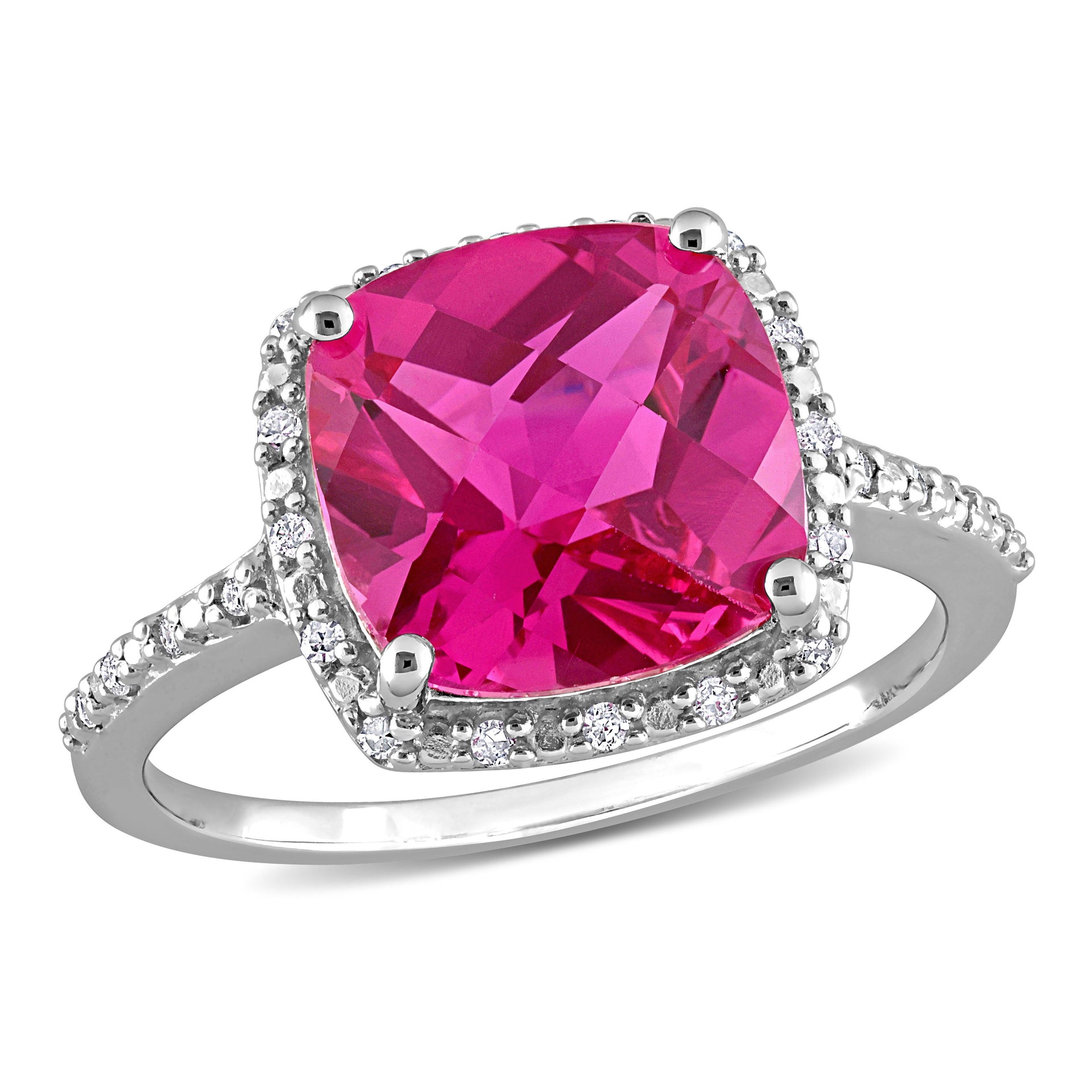 1/10ct TW Diamond and 5 3/4 ct TW Cushion Cut Created Pink Sapphire Halo Ring in Sterling Silver