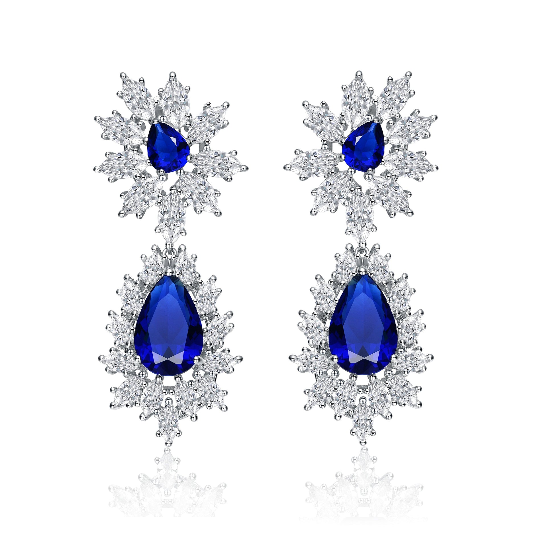 Sterling Silver Rhodium Plated Sapphire Cubic Zirconia Drop Butterfly Earrings